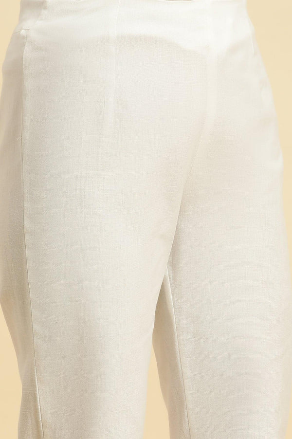 Ecru Solid Slim Pants With Printed Kota Border