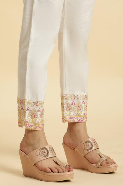 Ecru Solid Slim Pants With Printed Kota Border - wforwoman