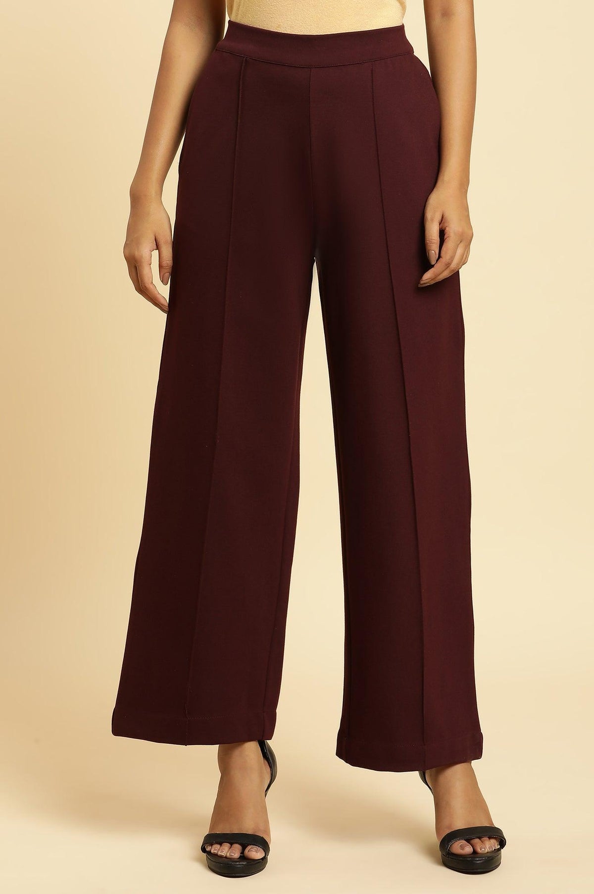 Wine Pin Tuck Trouser Pants - XS