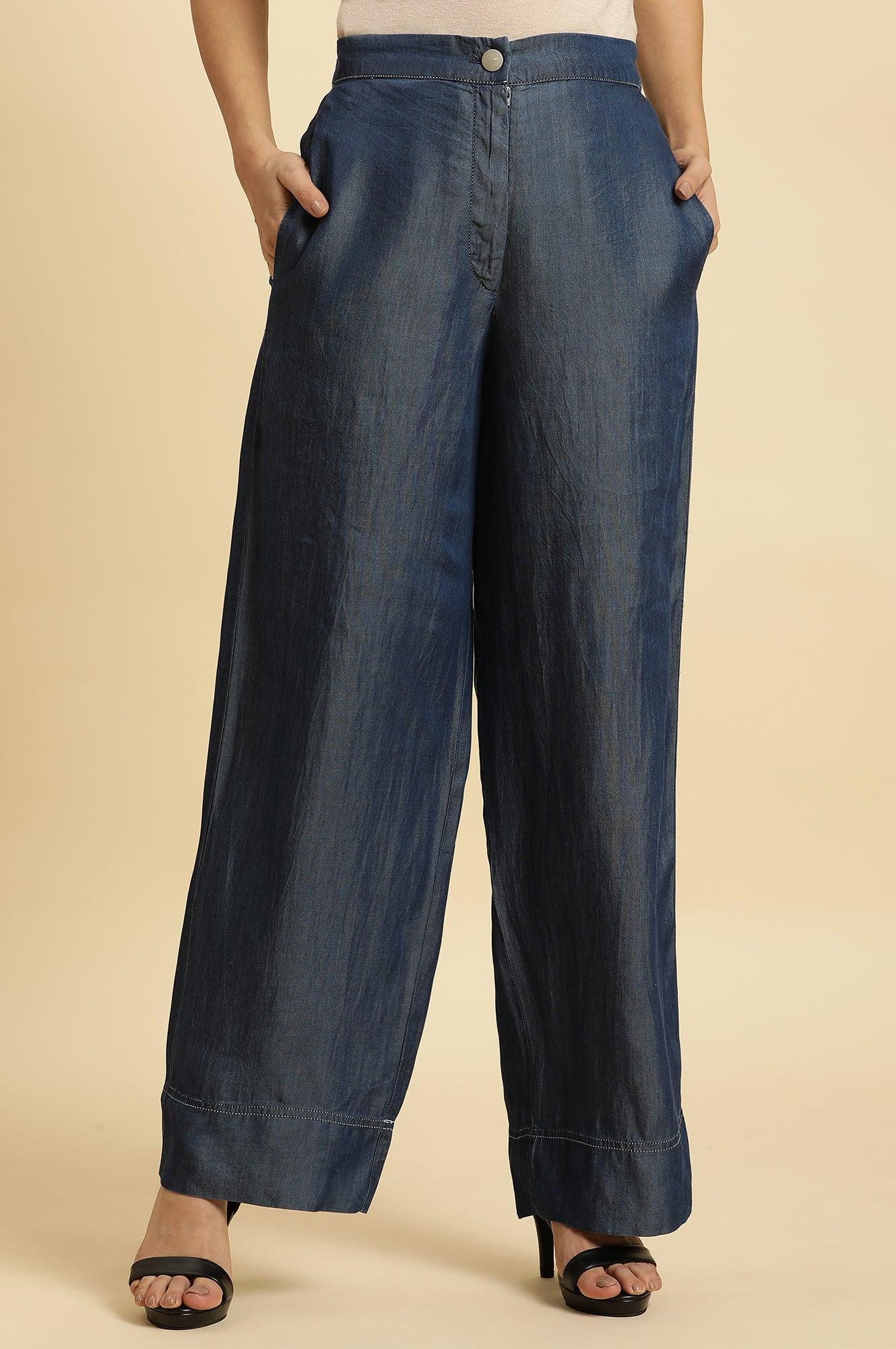 Blue Wide Leg Denim Flared Pants - wforwoman