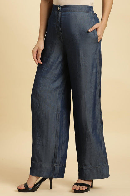 Blue Wide Leg Denim Flared Pants - wforwoman
