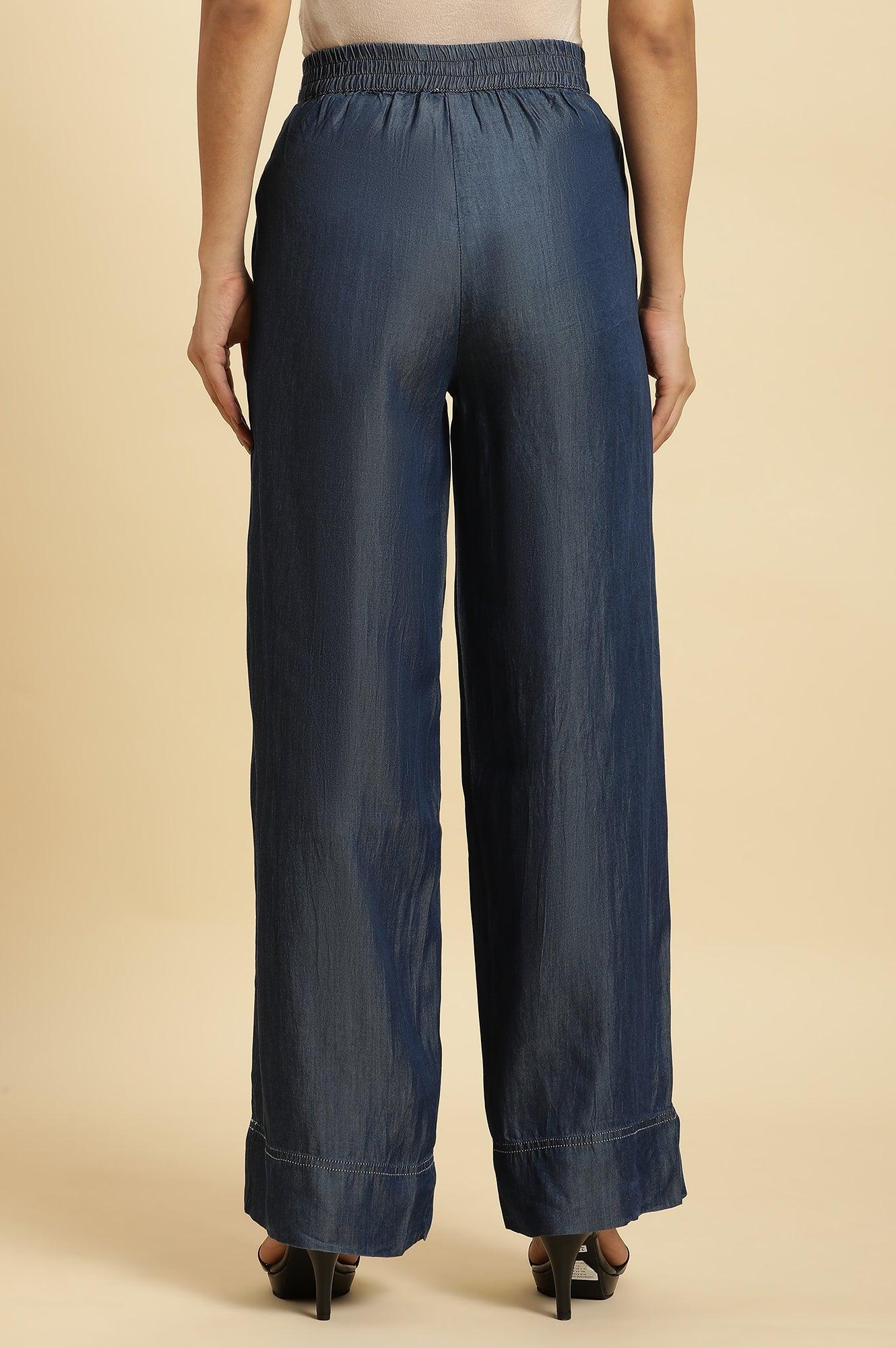 Blue Wide Leg Denim Flared Pants - wforwoman