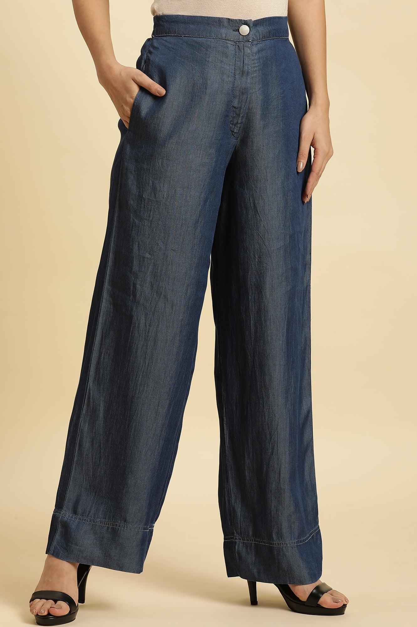 Blue Wide Leg Denim Flared Pants - wforwoman