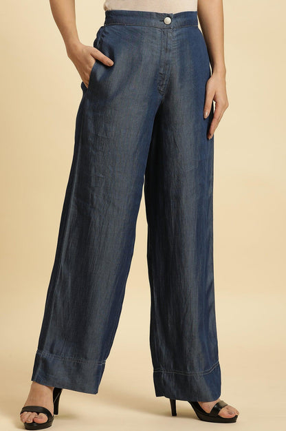 Blue Wide Leg Denim Flared Pants - wforwoman