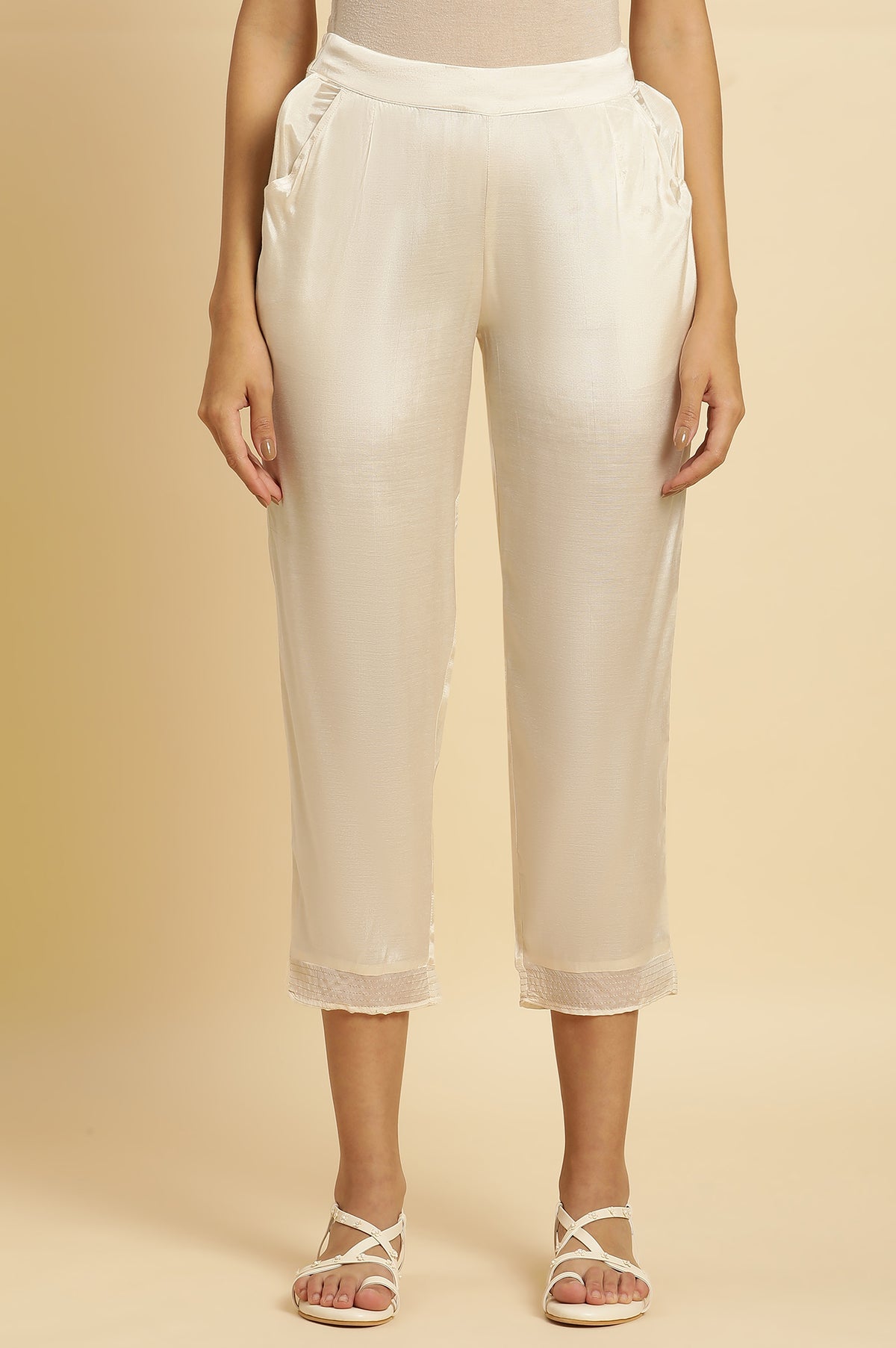 Cream Shantung Solid Slim Pants - S