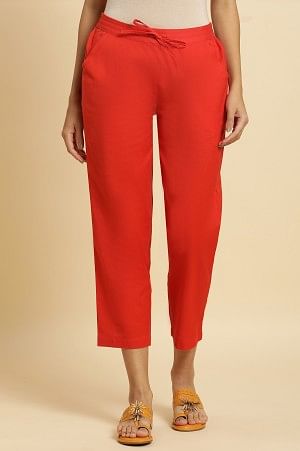 Orange Cotton Flax Solid Slim Pants - S