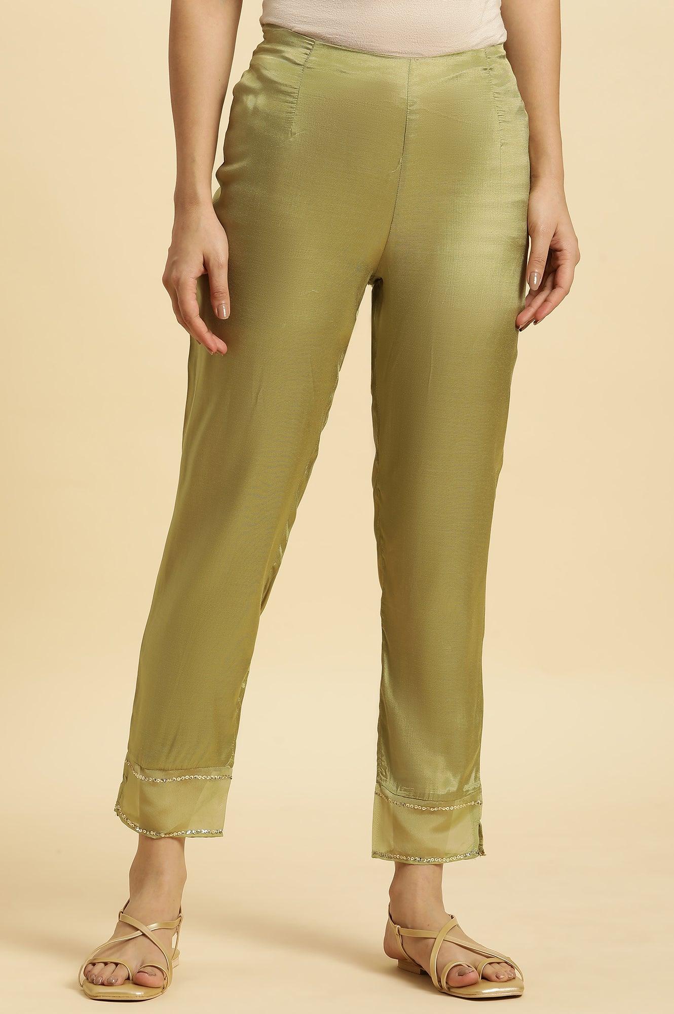 Green Solid Slim Pants With Organza Insert - wforwoman