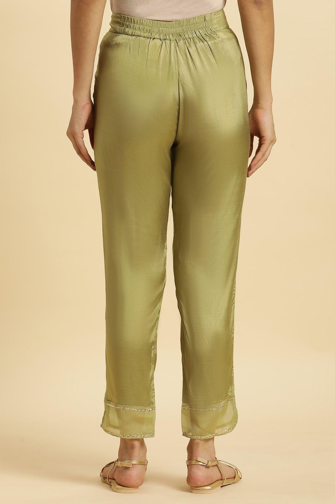 Green Solid Slim Pants With Organza Insert - wforwoman