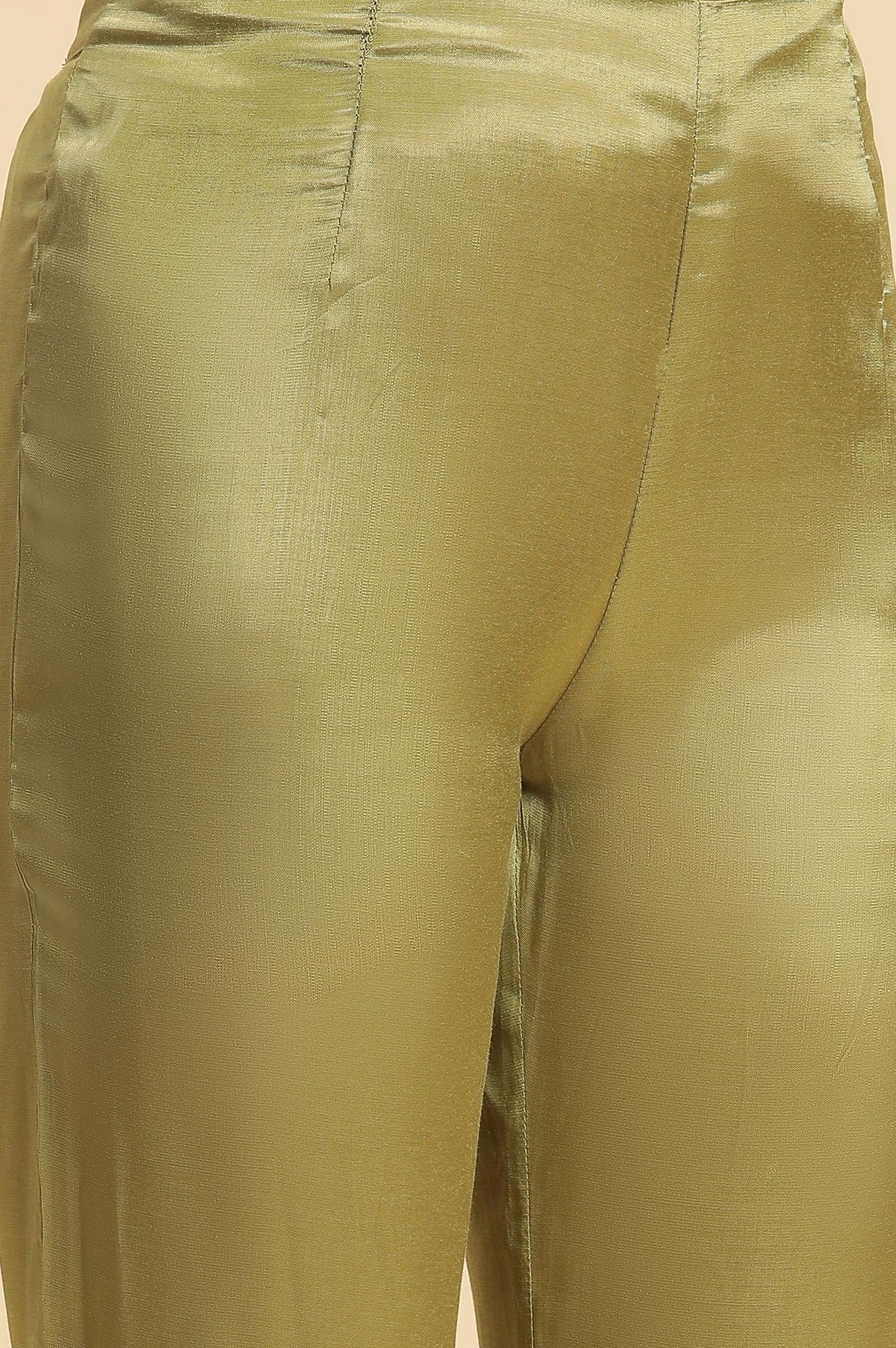 Green Solid Slim Pants With Organza Insert - wforwoman