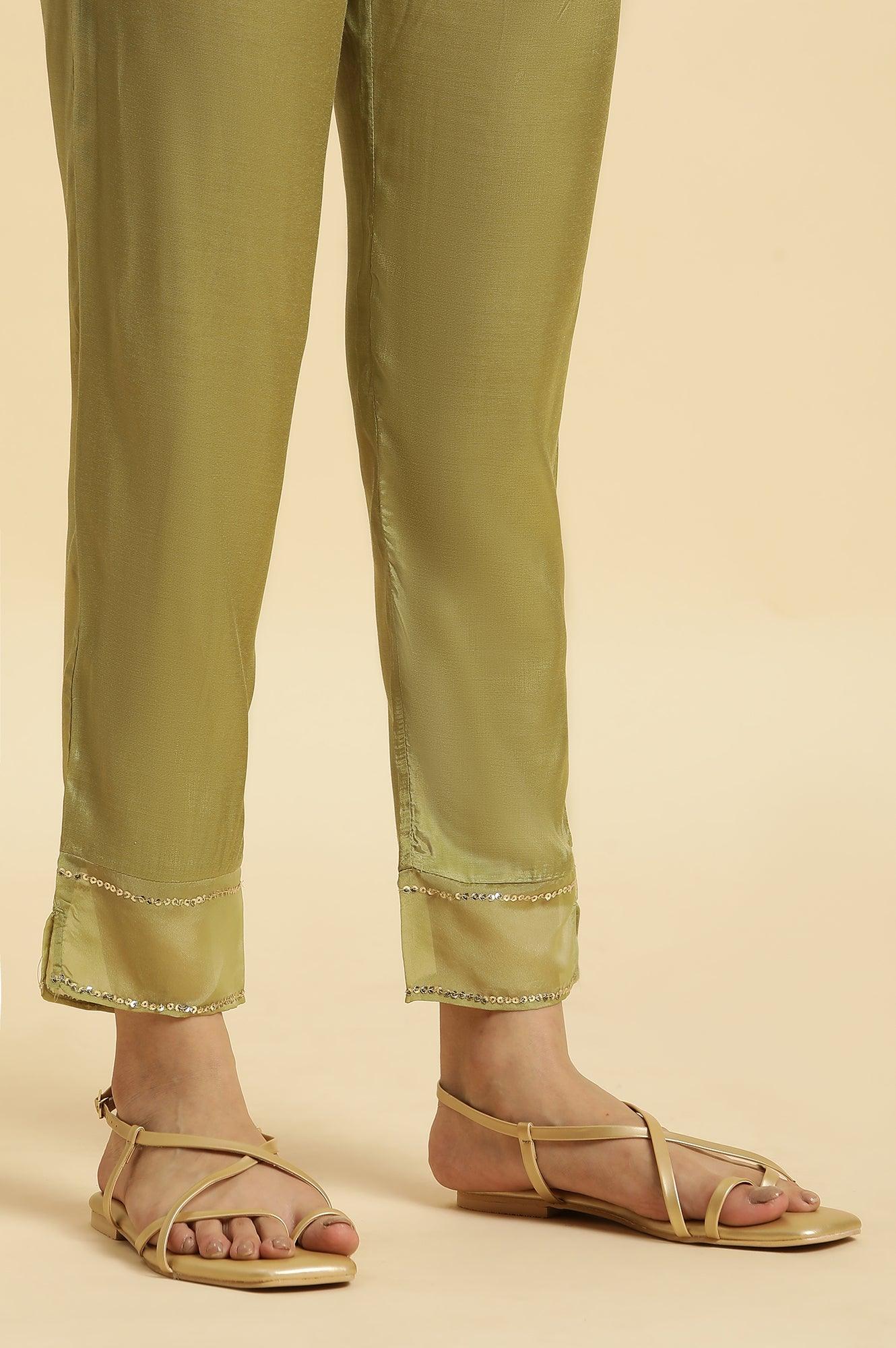 Green Solid Slim Pants With Organza Insert - wforwoman