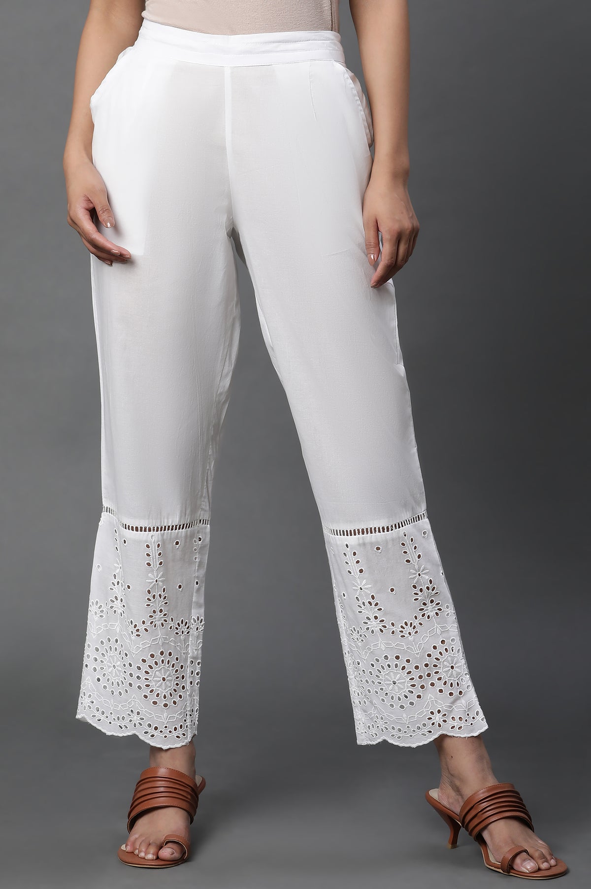 White Schiffli Straight Pants - WG