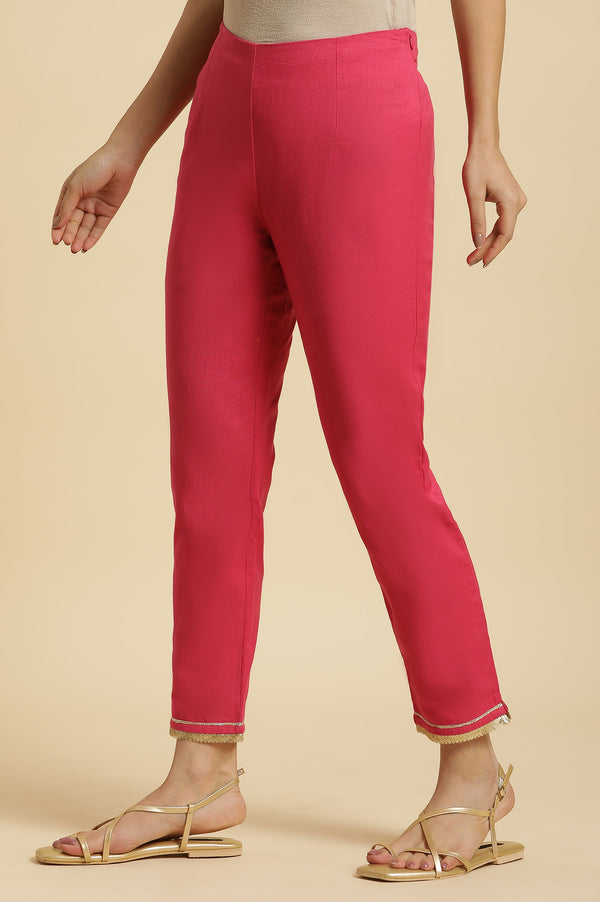 Pink Solid Printed Shantung Straight Kurta with Slim Pant Set