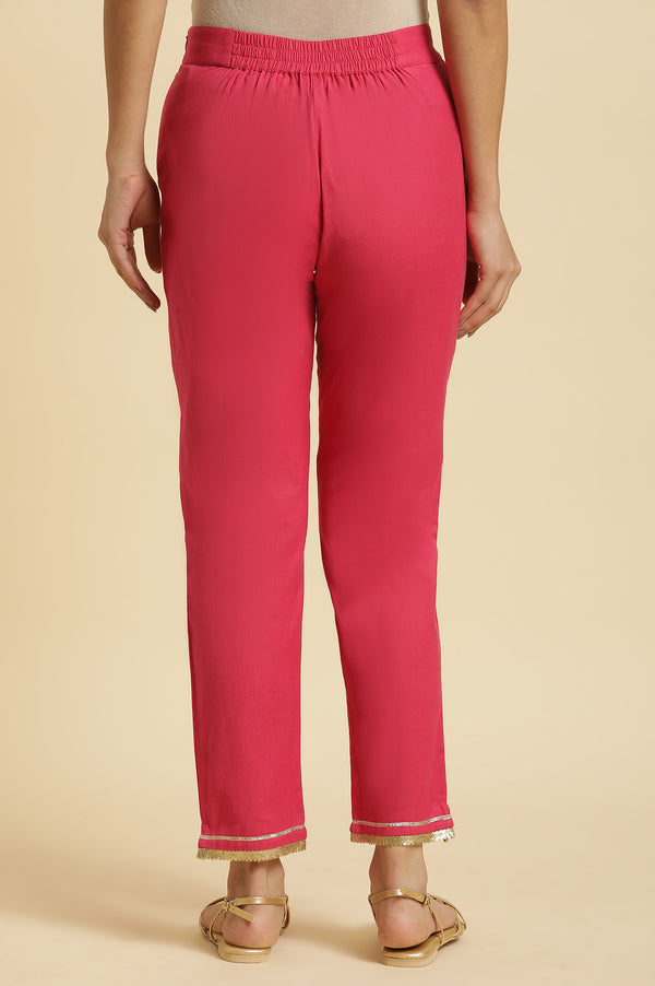 Pink Solid Printed Shantung Straight Kurta with Slim Pant Set