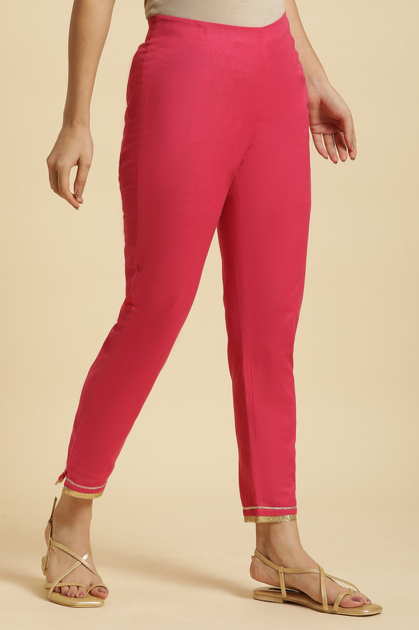 Pink Solid Printed Shantung Straight Kurta with Slim Pant Set