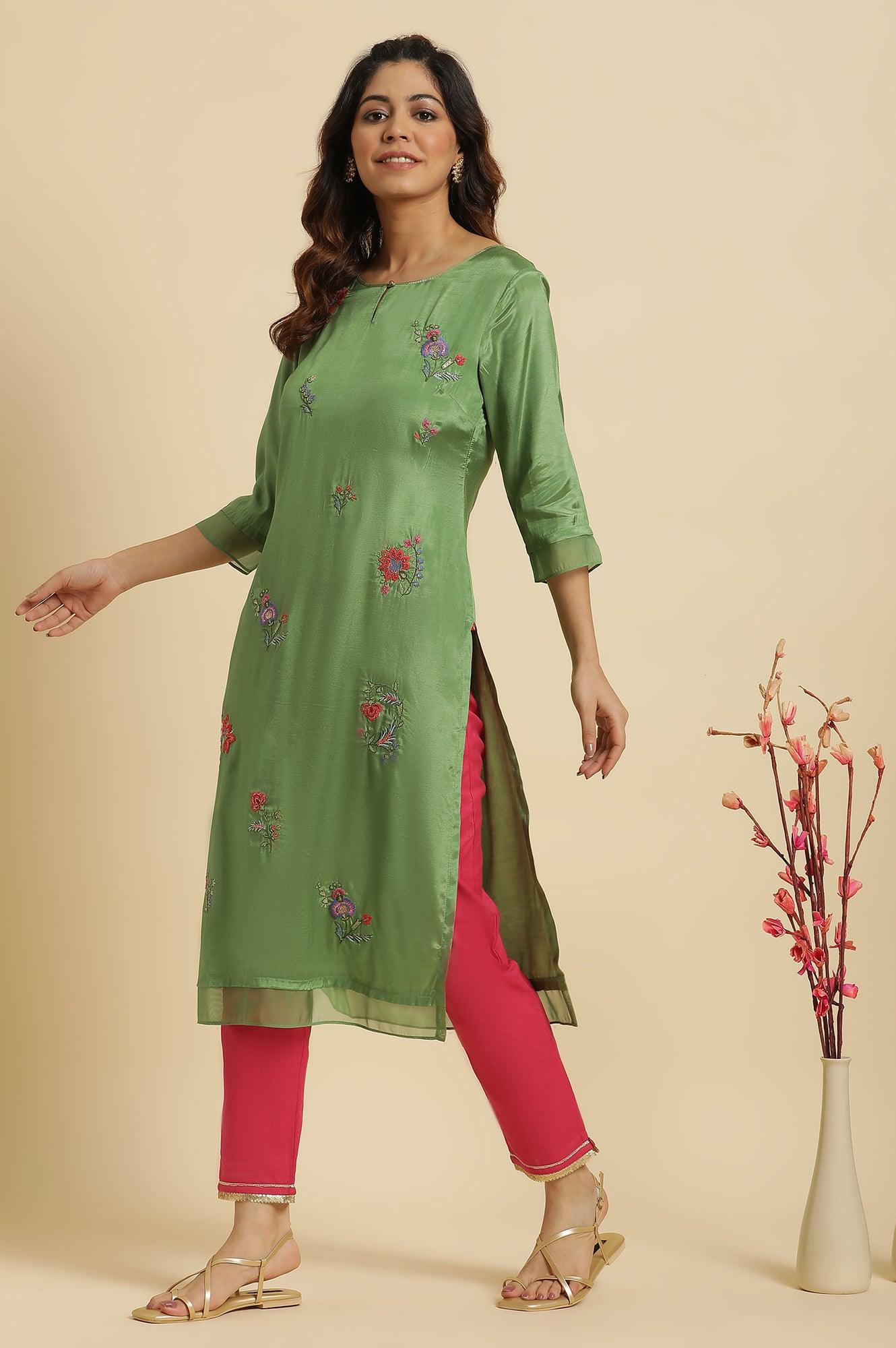 Pink Solid Pants With Gota Trim At Hem - wforwoman