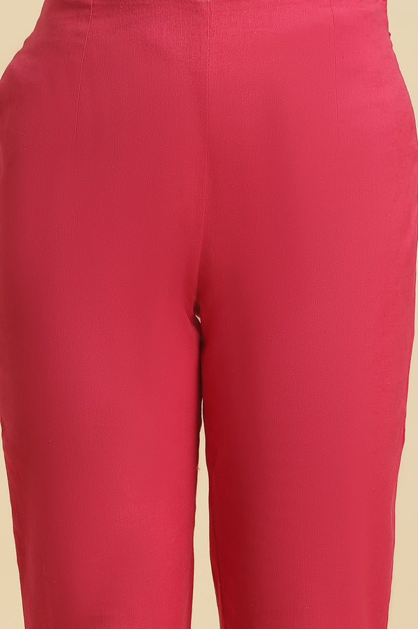 Pink Solid Printed Shantung Straight Kurta with Slim Pant Set