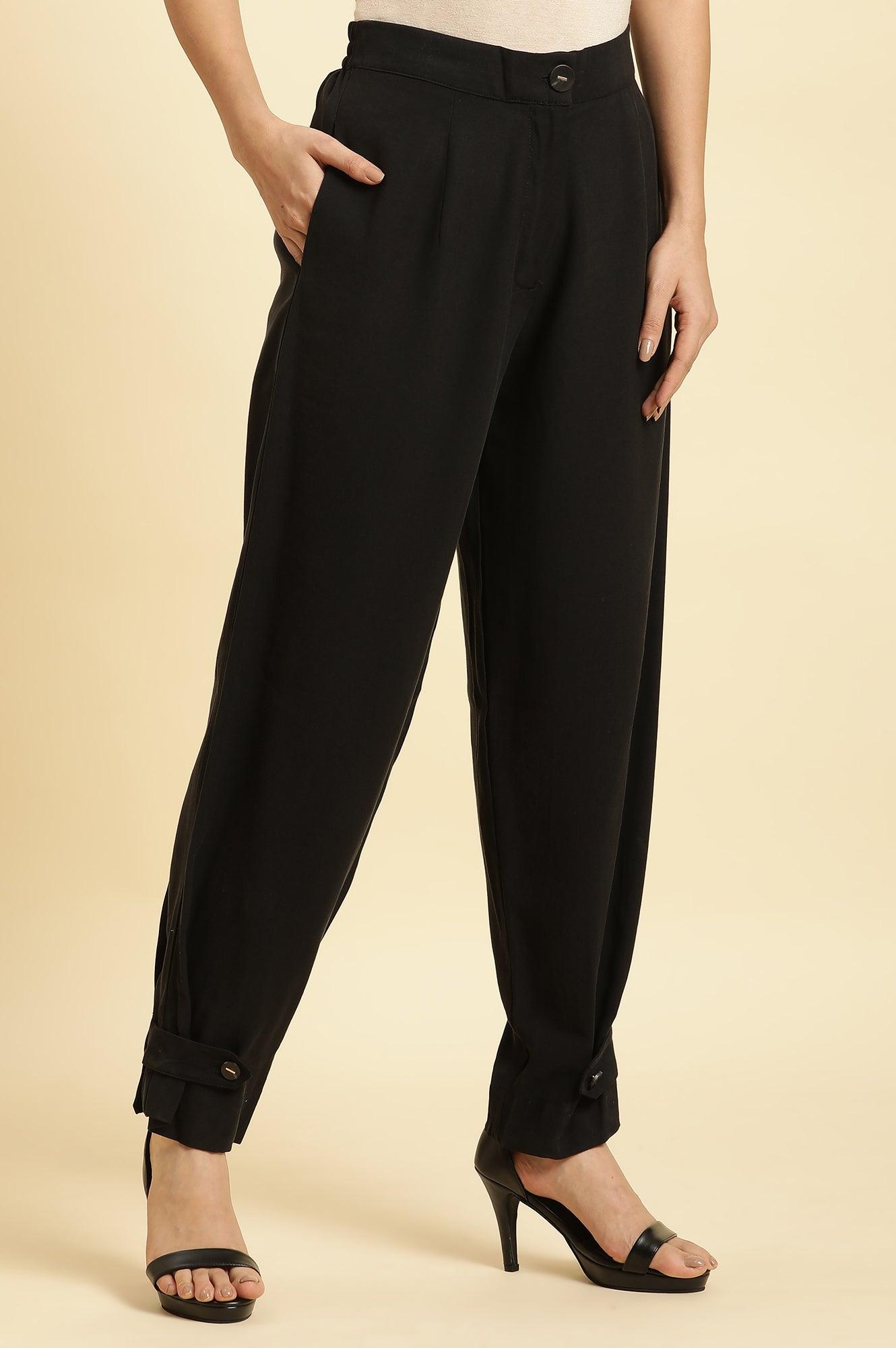 Black Straight Trouser With Button Tab On Hemline - wforwoman