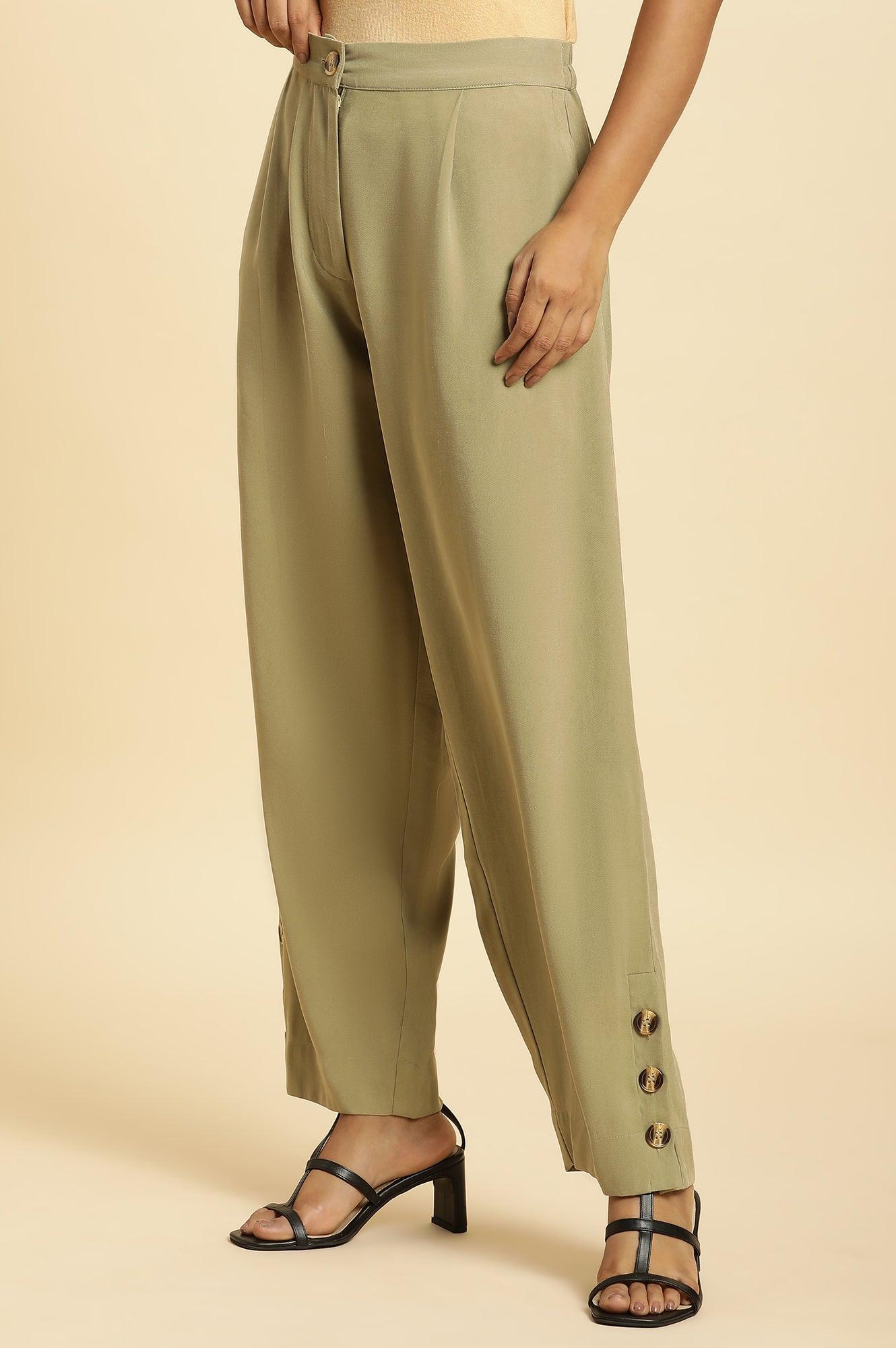 Green Taper Pleated Trouser With Buttom On Hemline - wforwoman