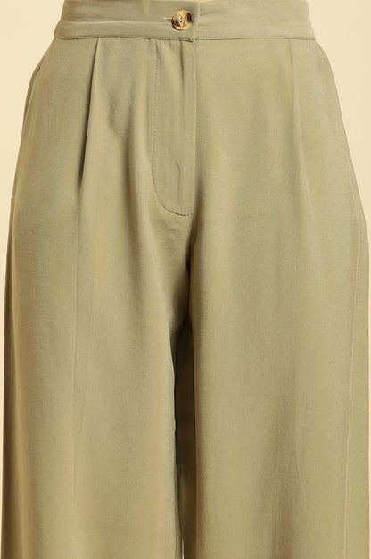 Green Taper Pleated Trouser With Buttom On Hemline - wforwoman