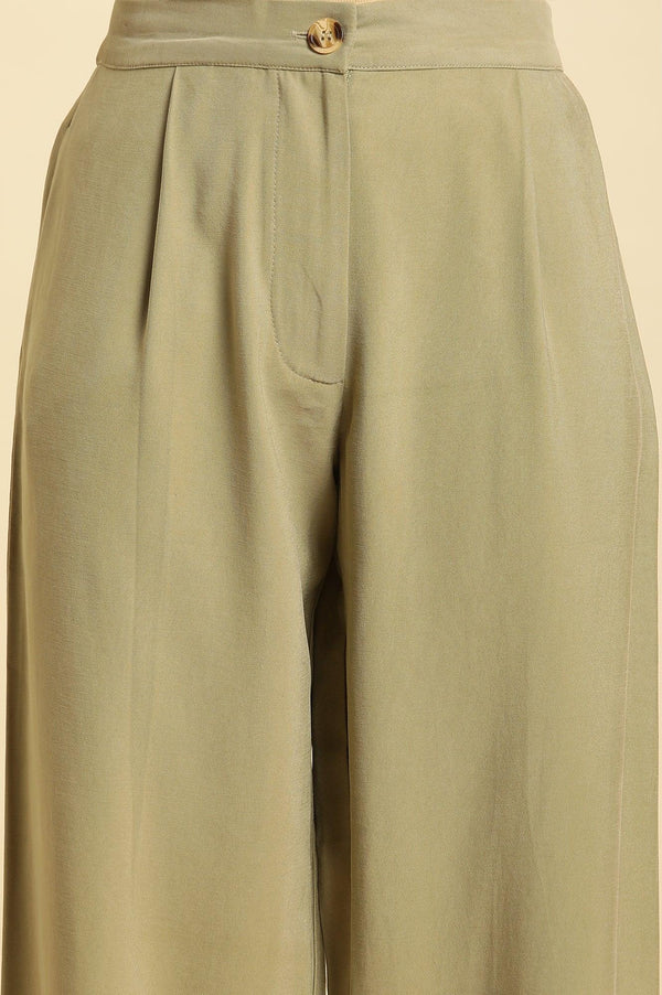 Green Taper Pleated Trouser With Buttom On Hemline