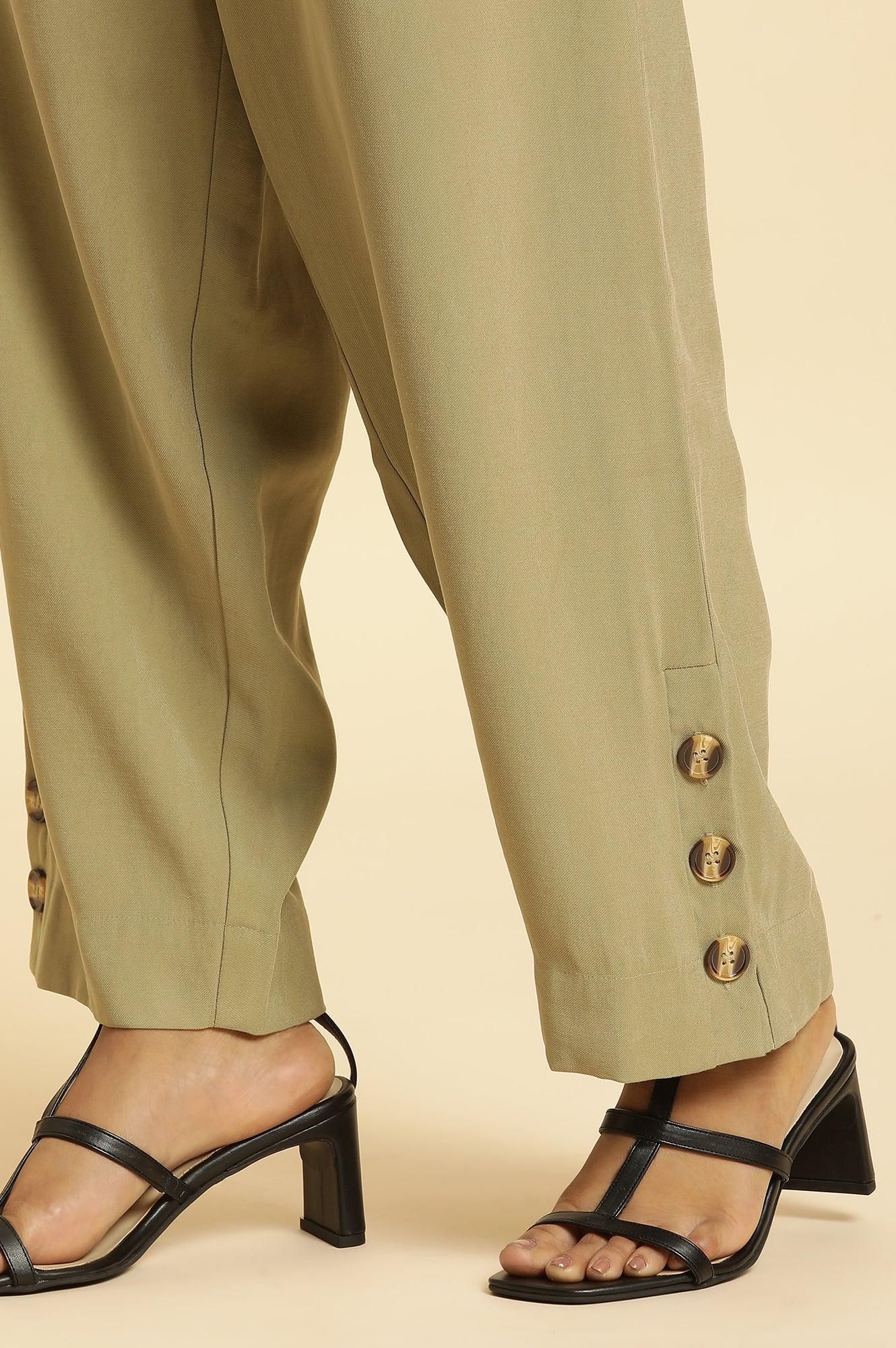 Green Taper Pleated Trouser With Buttom On Hemline - wforwoman