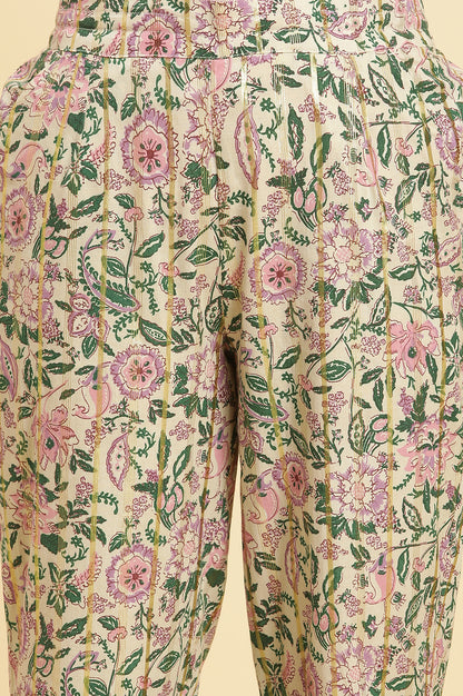 Ecru Straight Pants With Multi-Coloured Floral Print