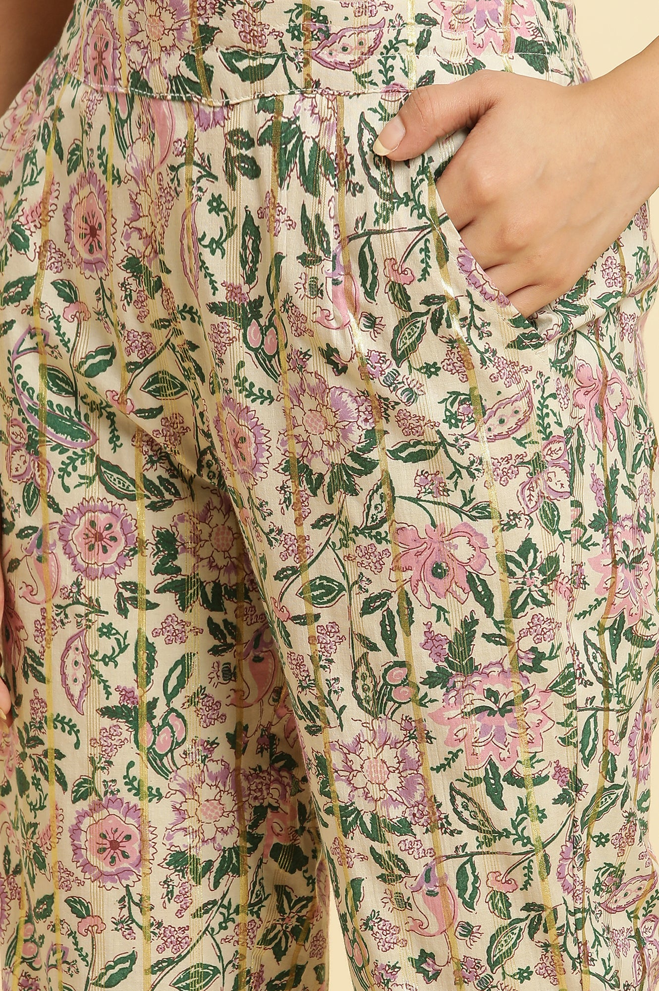 Ecru Straight Pants With Multi-Coloured Floral Print