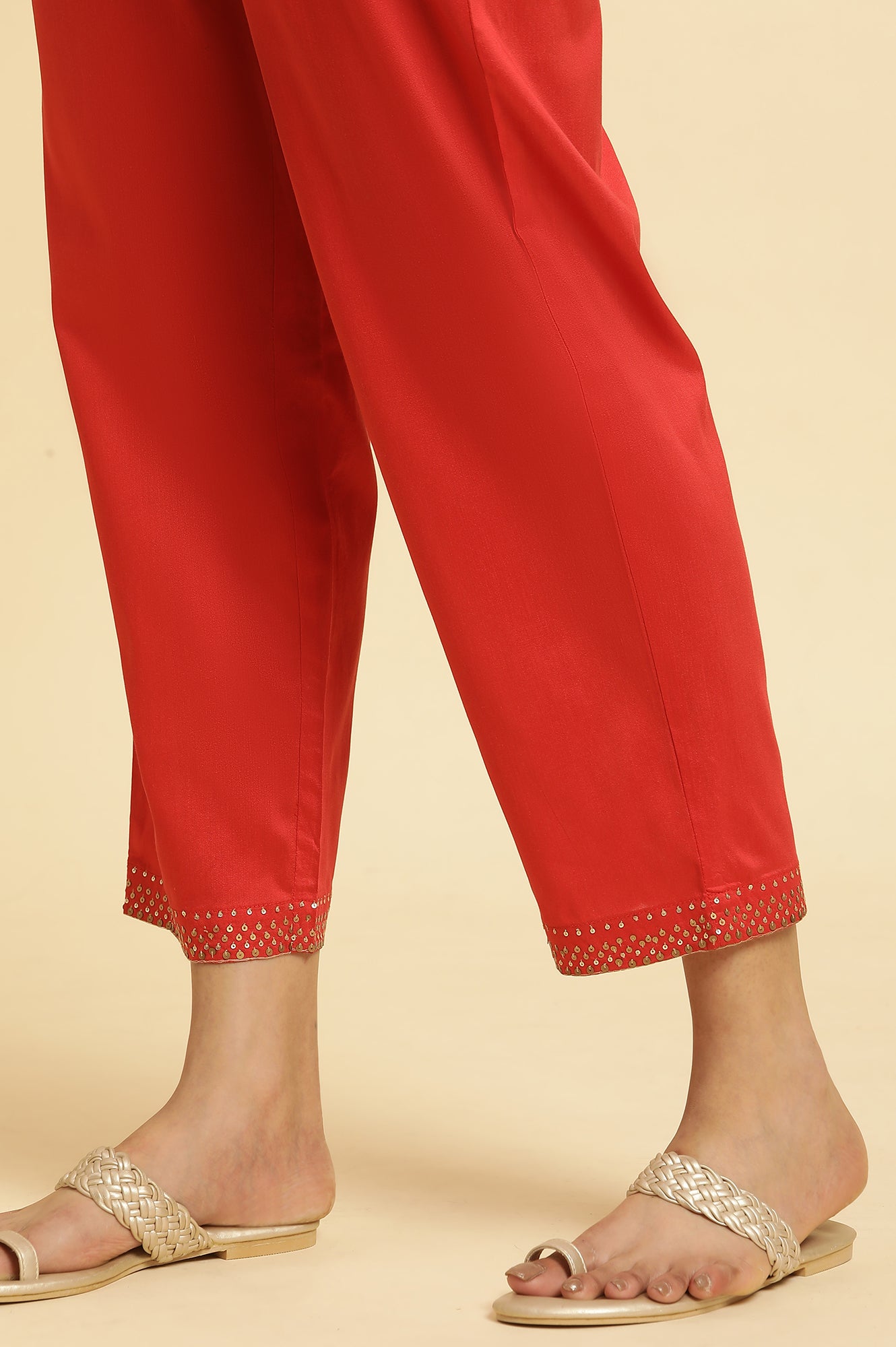 Red Straight Pants With Embellished Hemline