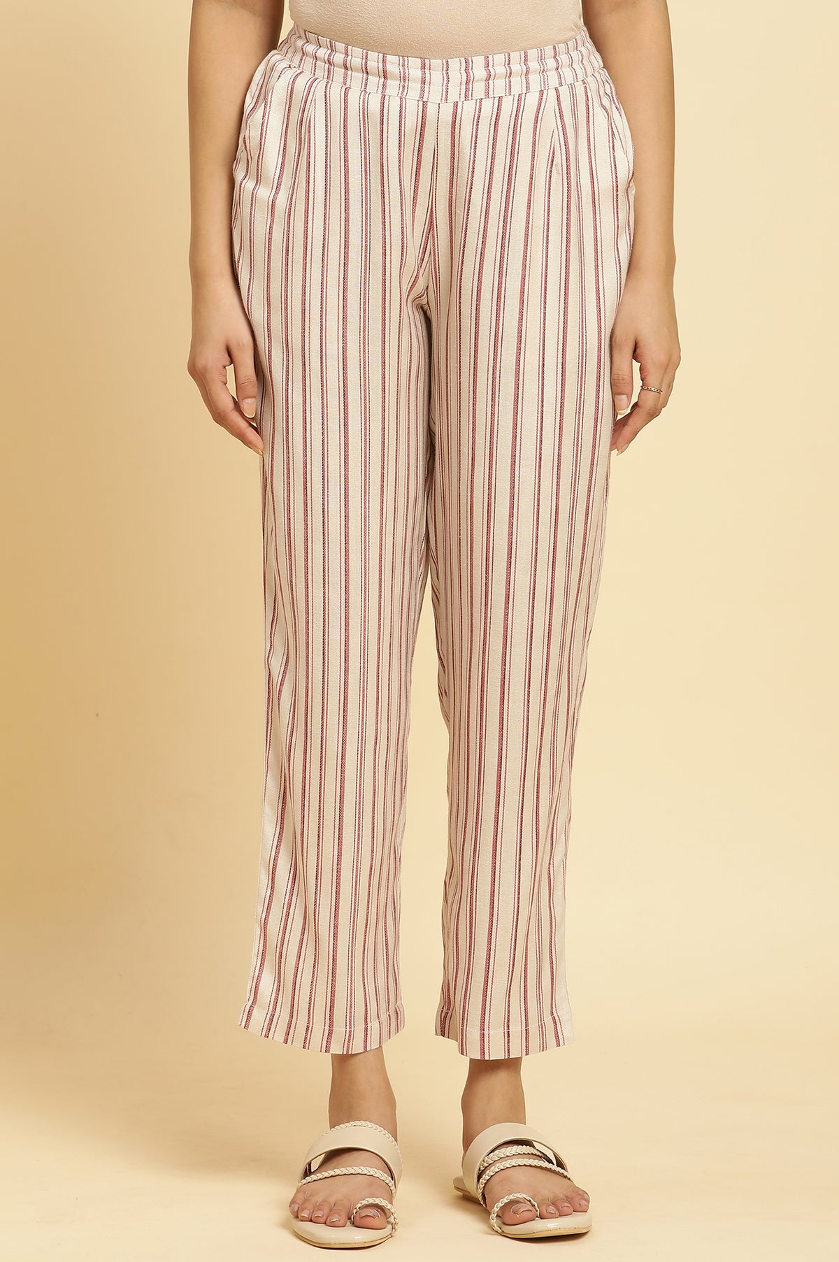 Beige Straight Pants With Red Stripes - M