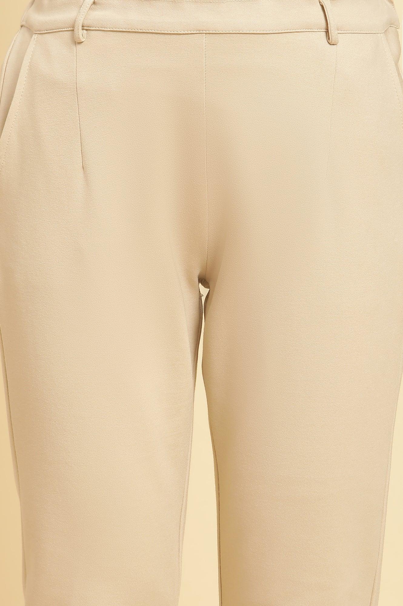 Beige Slim Fit Elasticated Western Pants - wforwoman