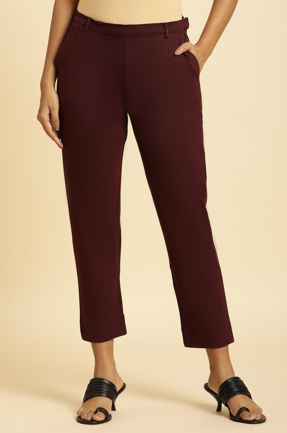 Wine Slim Fit Elasticated Western Pants - XS