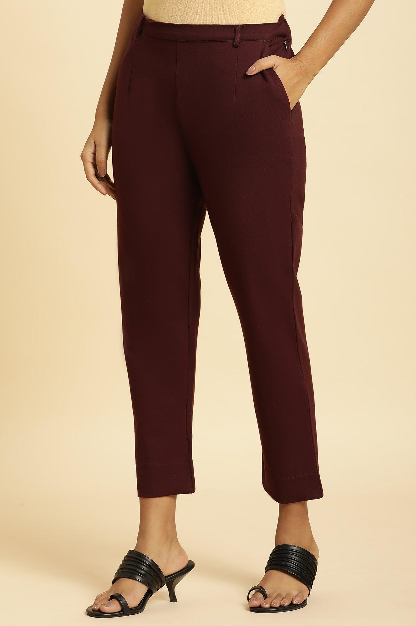 Wine Slim Fit Elasticated Western Pants - wforwoman