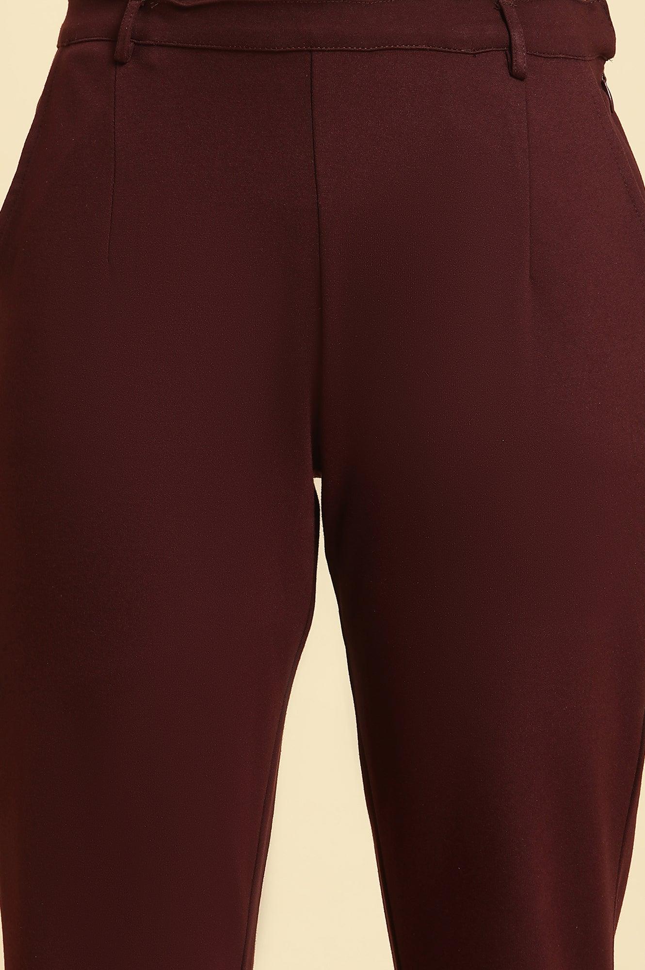 Wine Slim Fit Elasticated Western Pants - wforwoman
