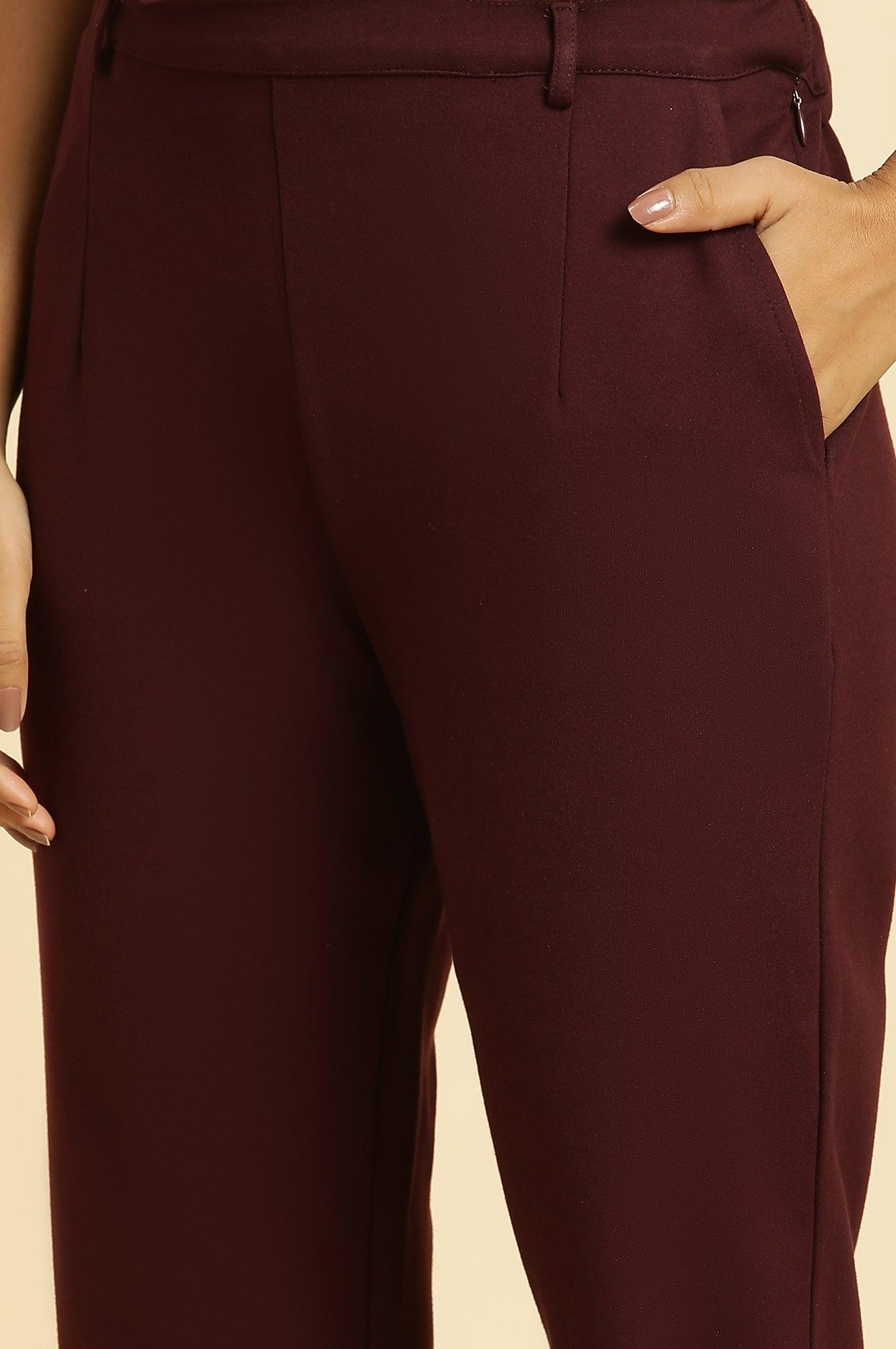 Wine Slim Fit Elasticated Western Pants - wforwoman