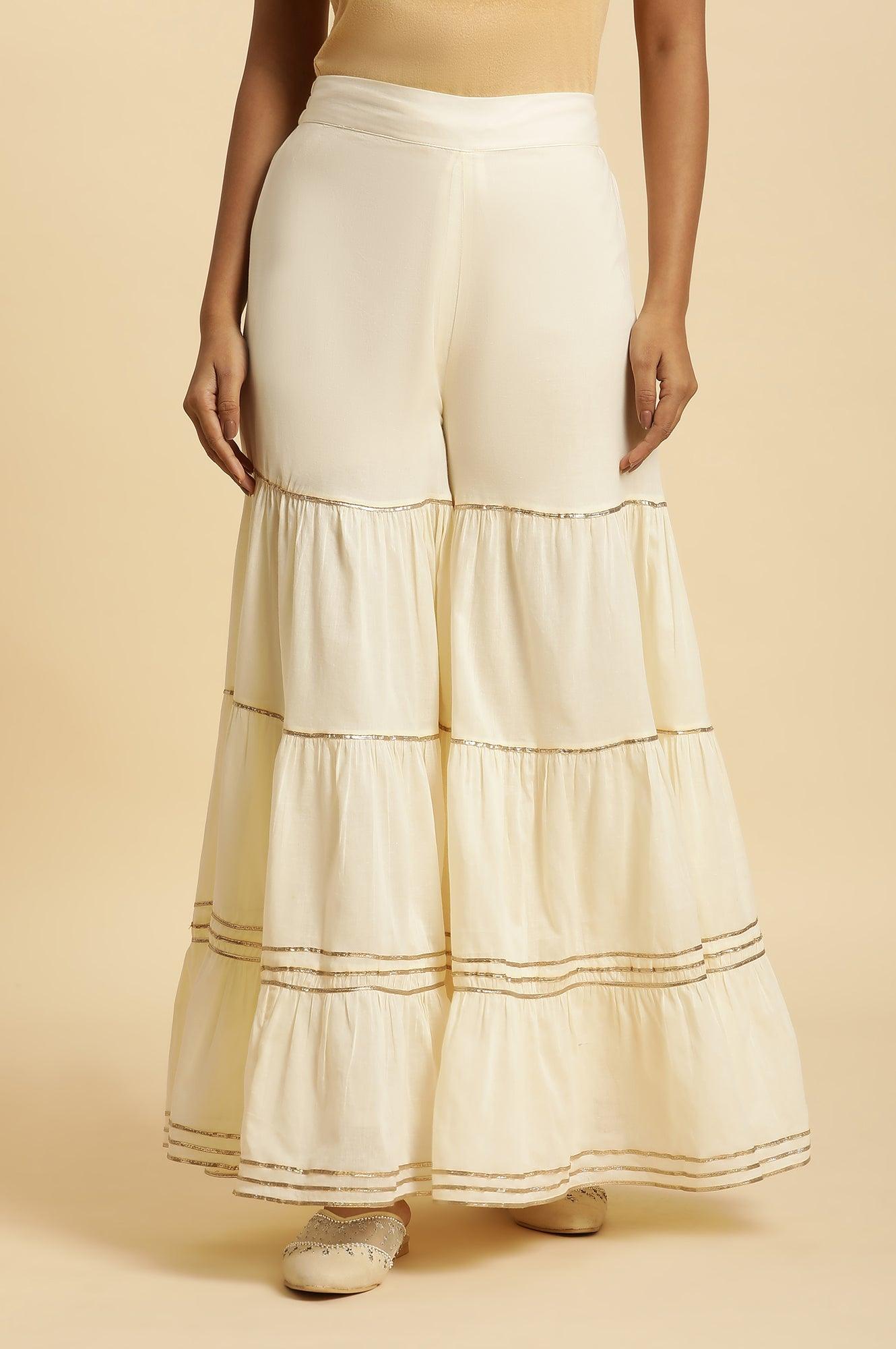 Ecru Tiered Cotton Sharara With Gota - wforwoman