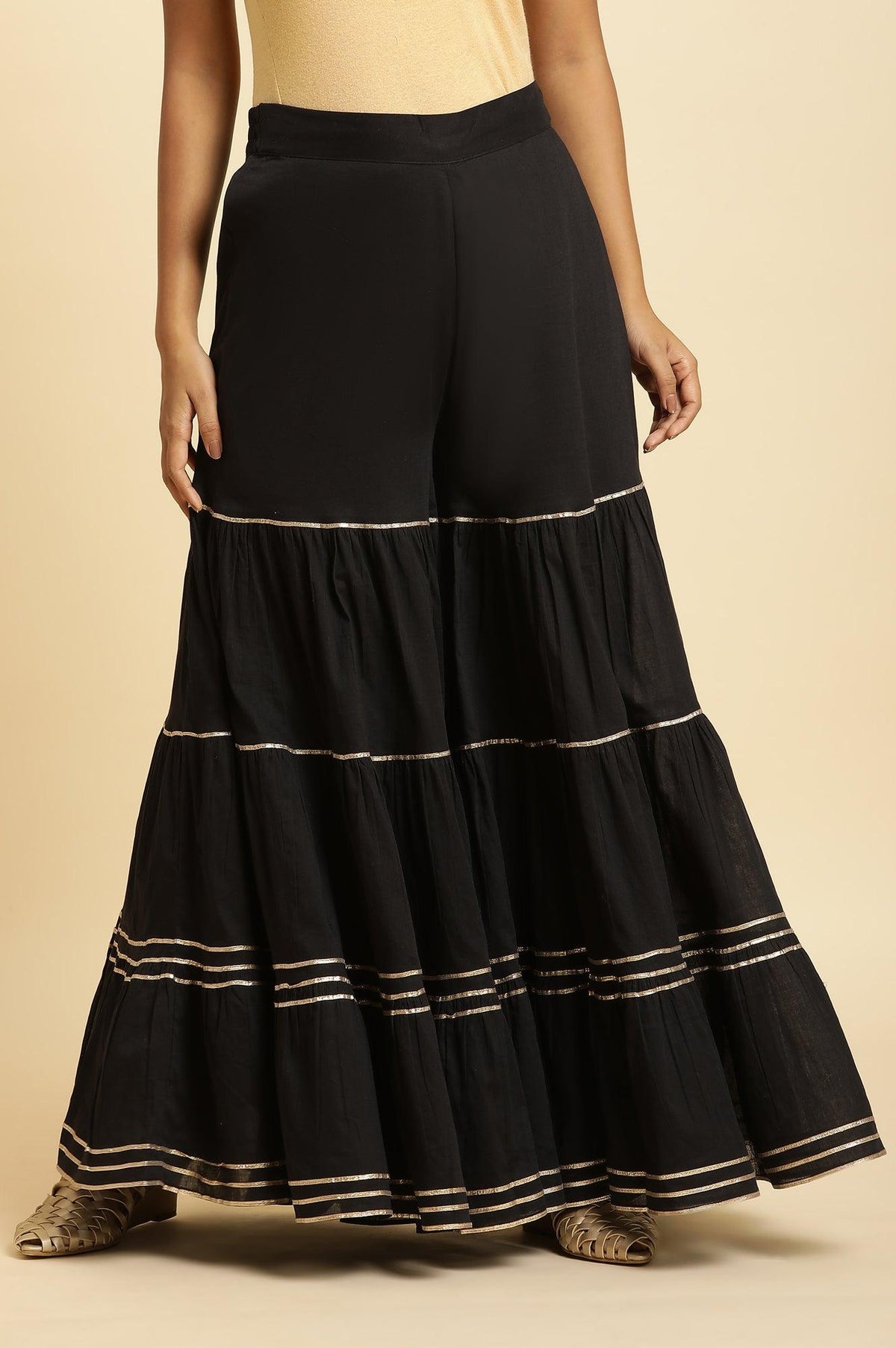 Black Tiered Cotton Sharara With Gota - XS