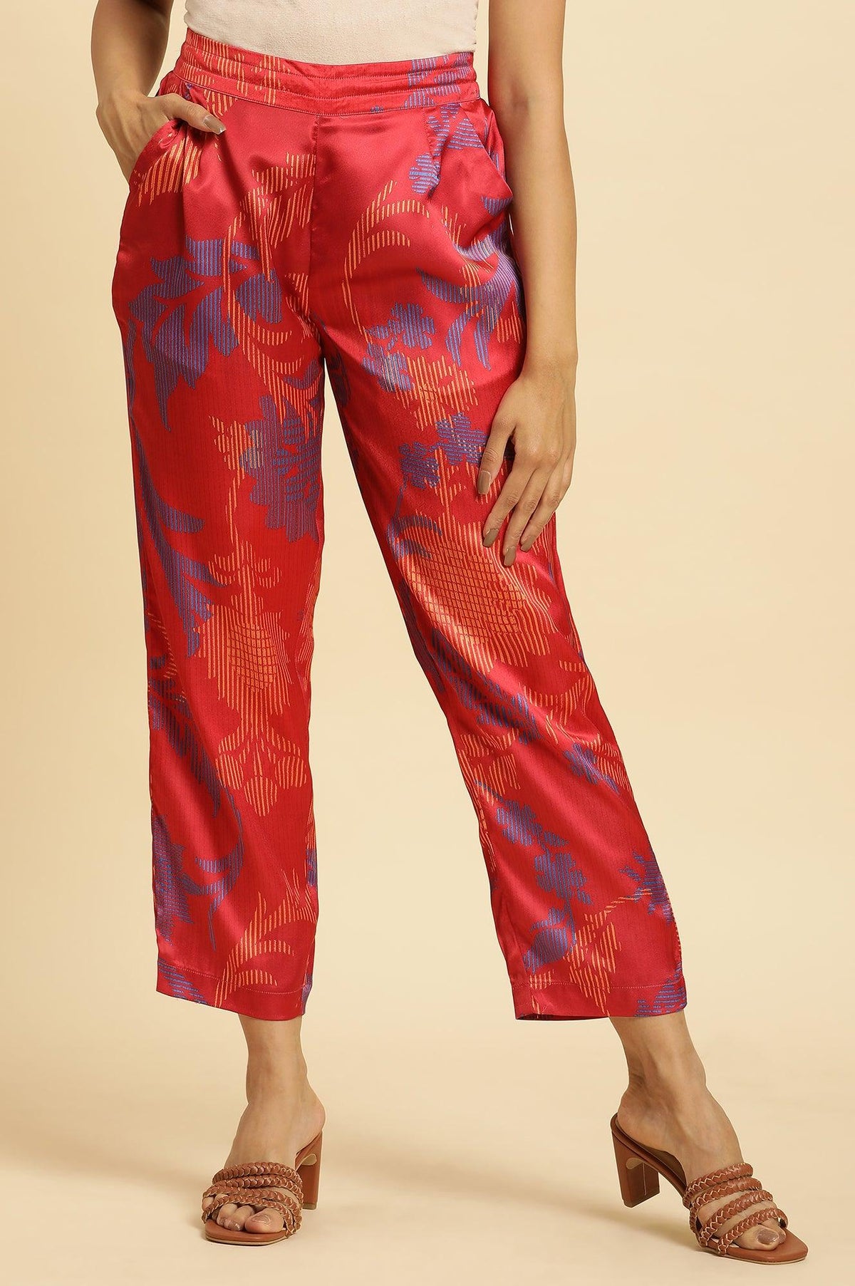 Bright Red Floral Printed Satin Pants - S