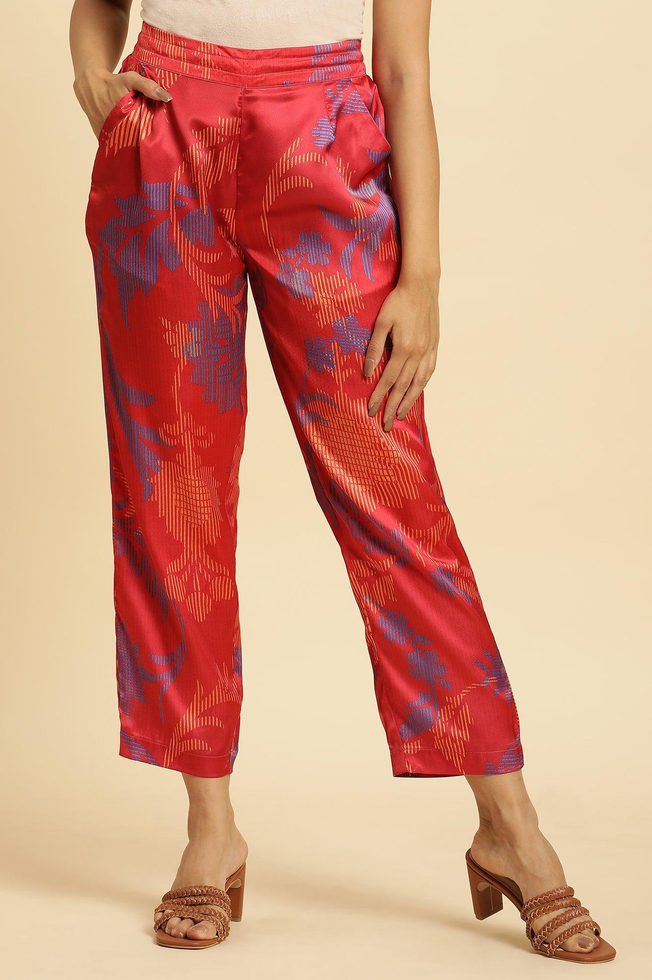 Bright Red Floral Printed Satin Pants - wforwoman