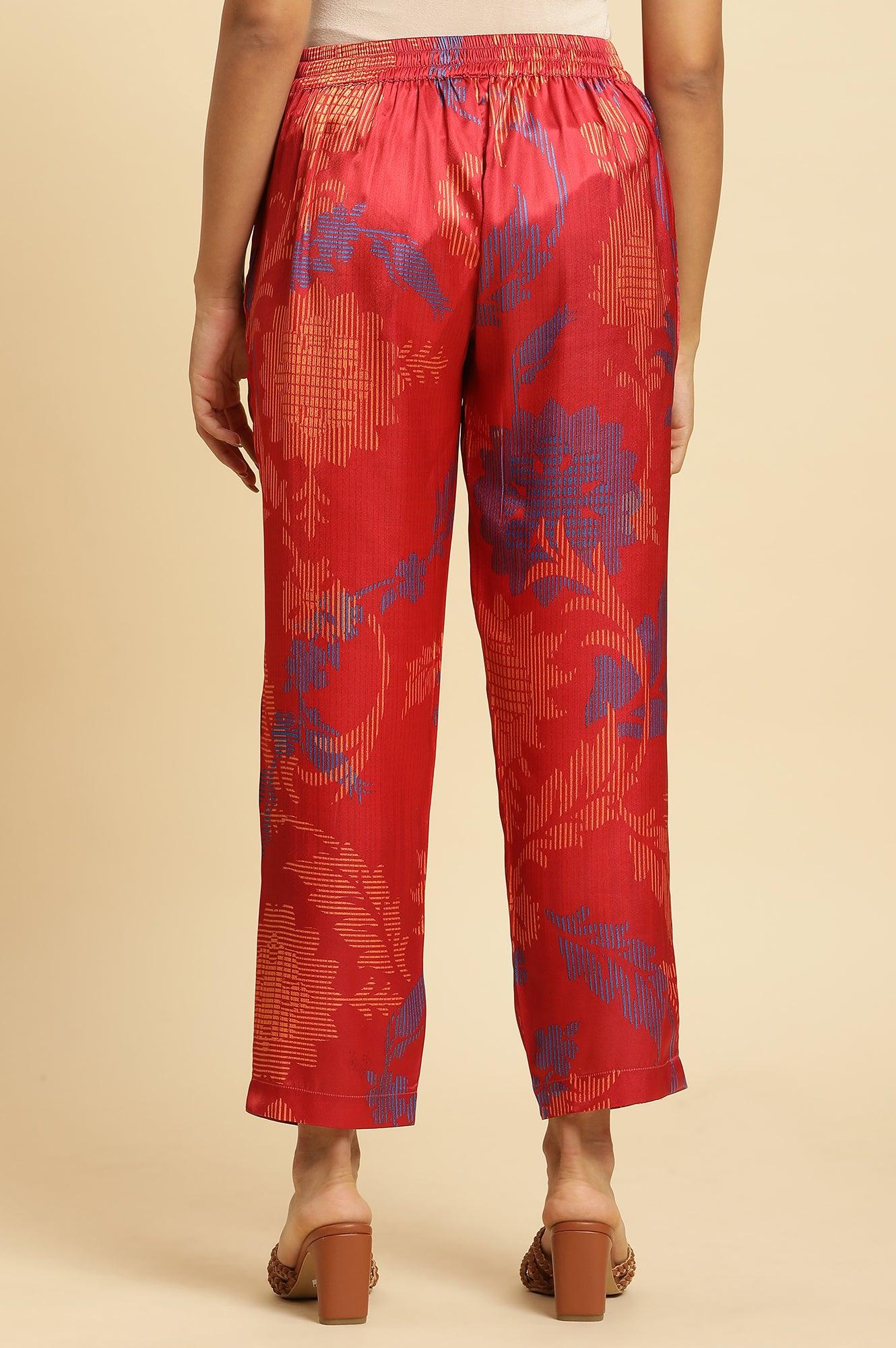 Bright Red Floral Printed Satin Pants - wforwoman