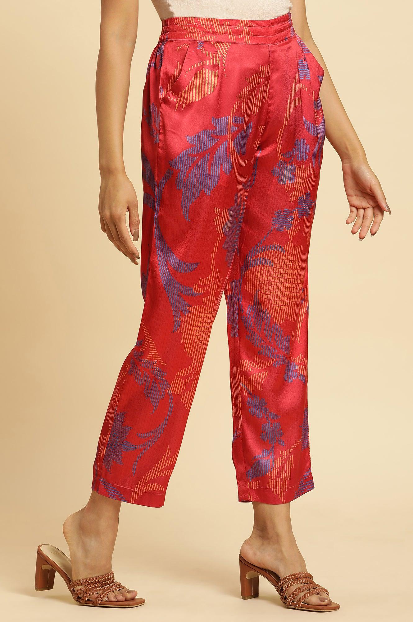 Bright Red Floral Printed Satin Pants - wforwoman