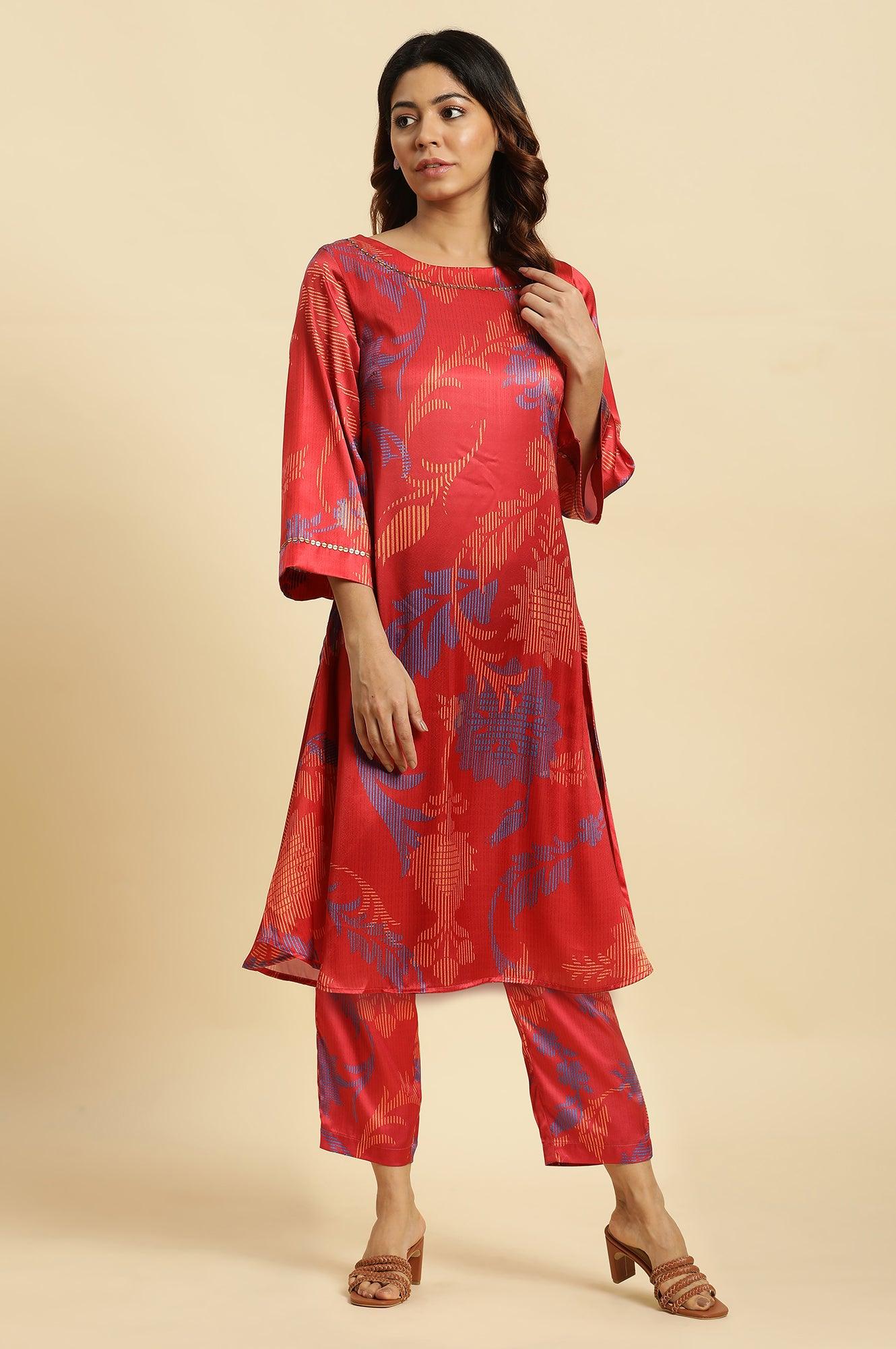 Bright Red Floral Printed Satin Pants - wforwoman