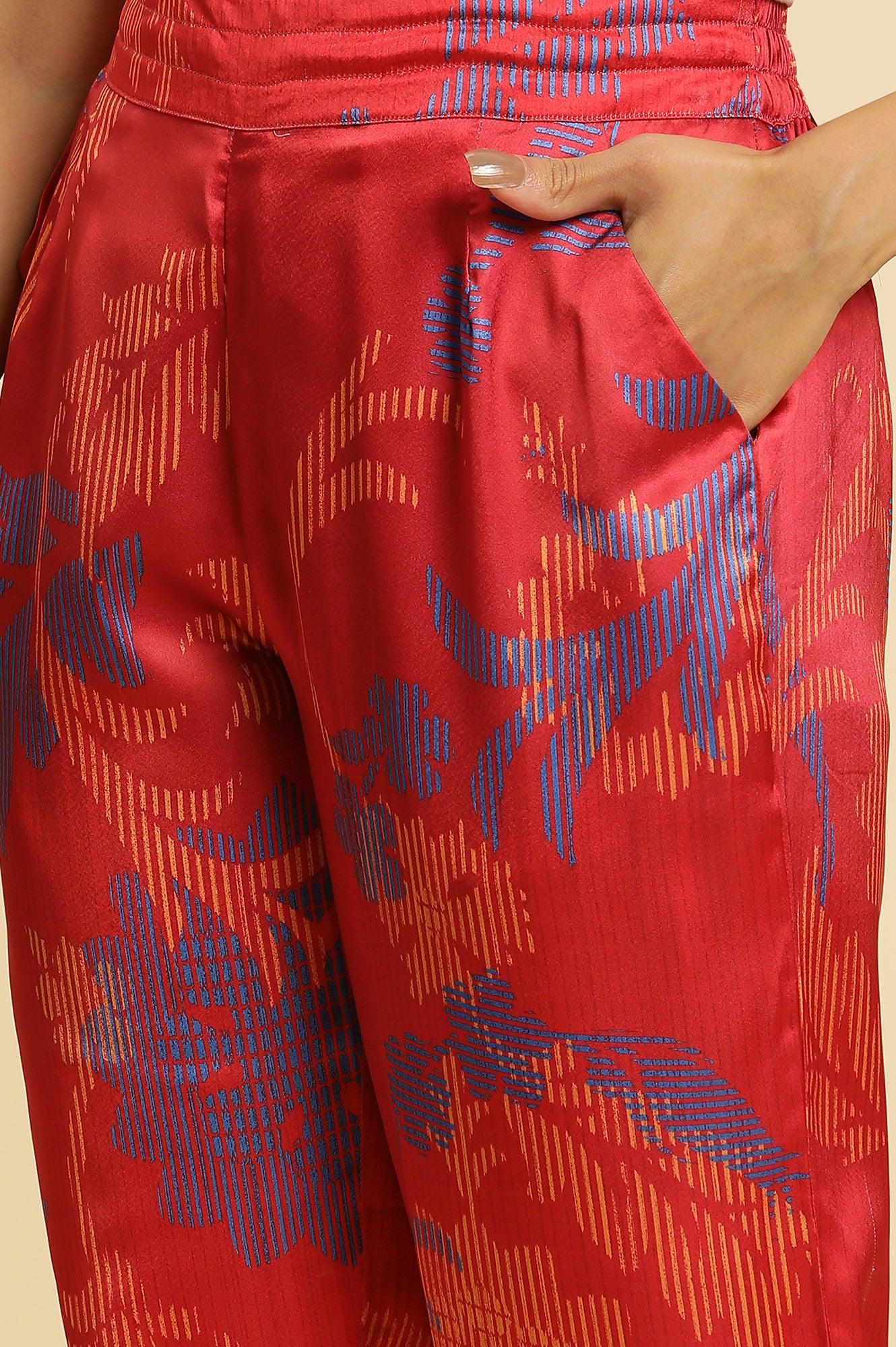 Bright Red Floral Printed Satin Pants - wforwoman