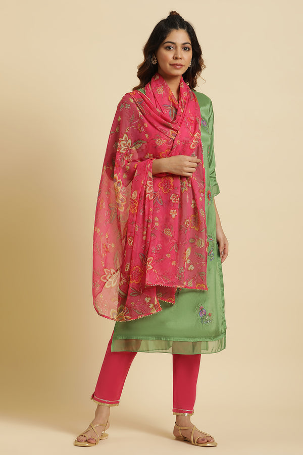 Pink Floral Printed Chiffon Dupatta