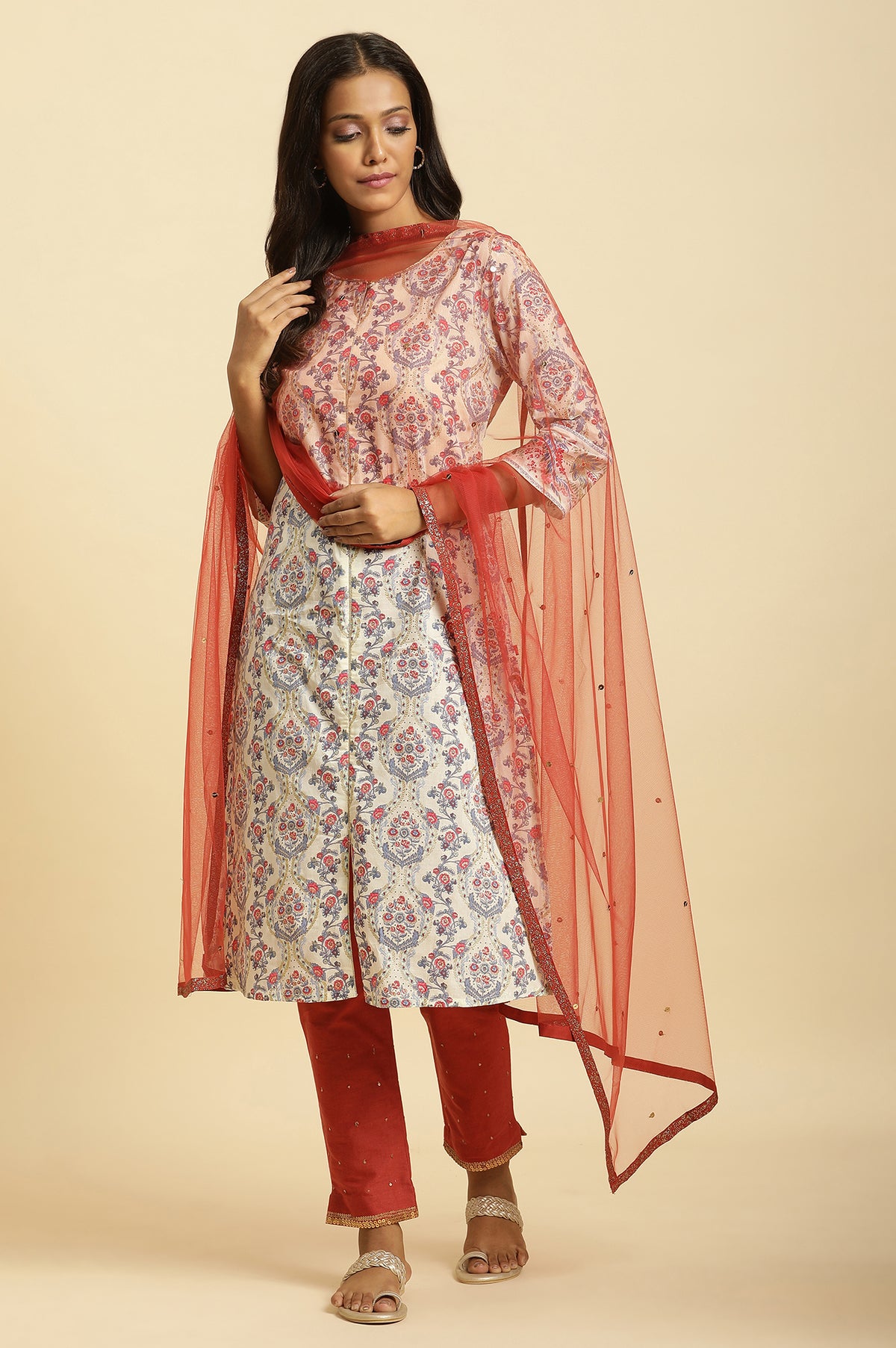 Rust Red Net Dupatta with Glitter Tape Border