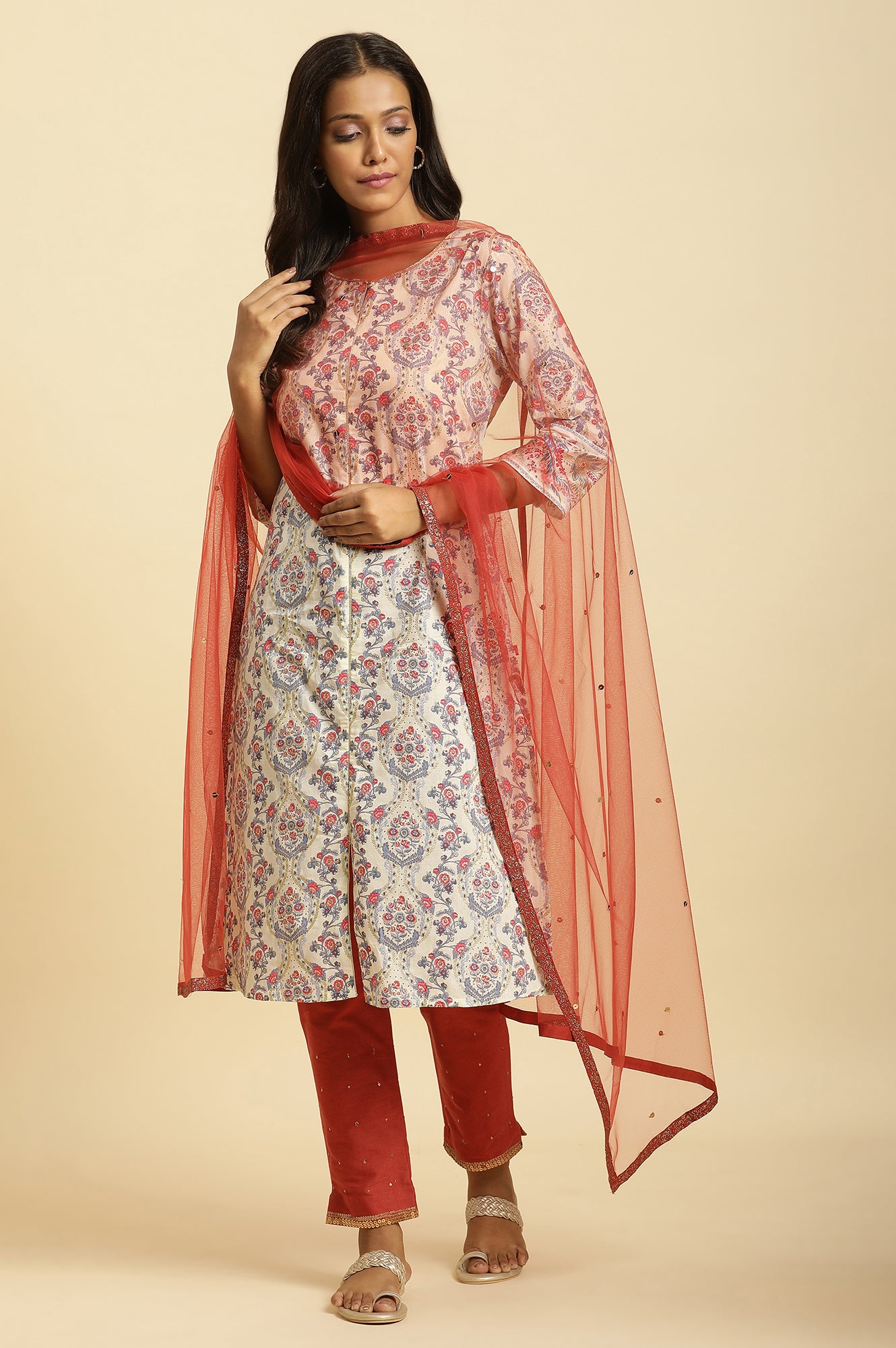 Red Solid Glitter Tape Border Sequined Mesh Dupatta