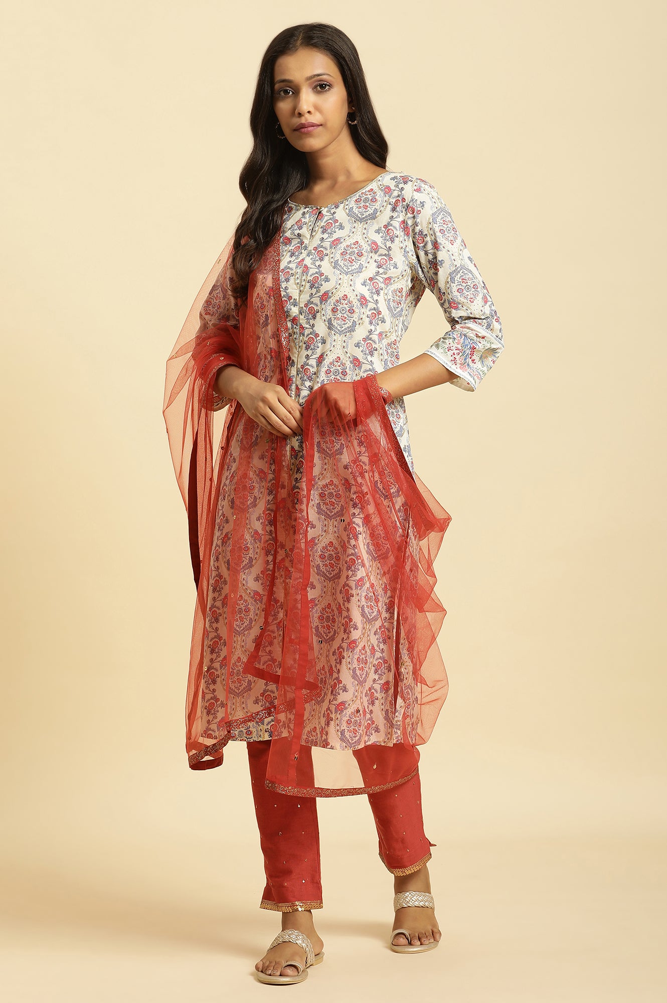 Red Solid Glitter Tape Border Sequined Mesh Dupatta