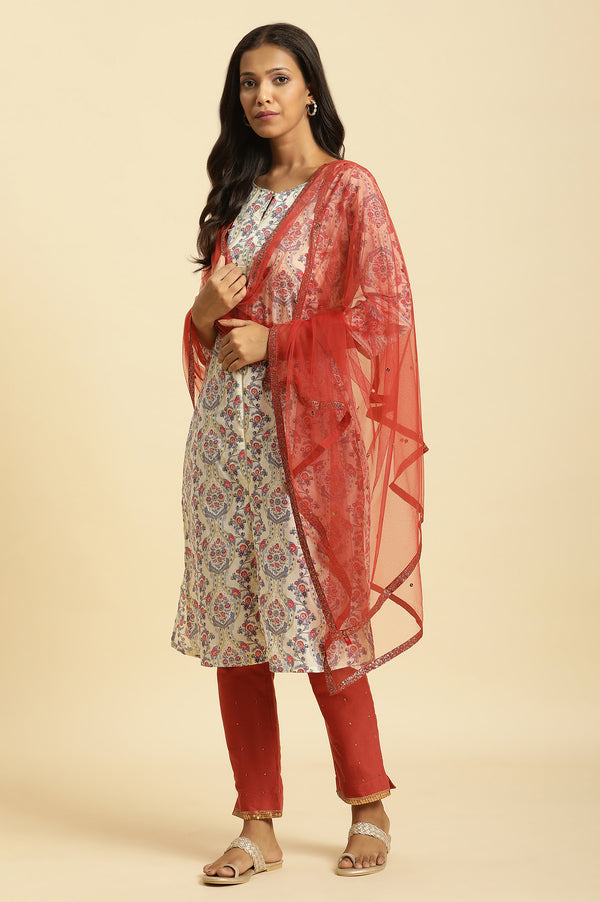 Rust Red Net Dupatta with Glitter Tape Border