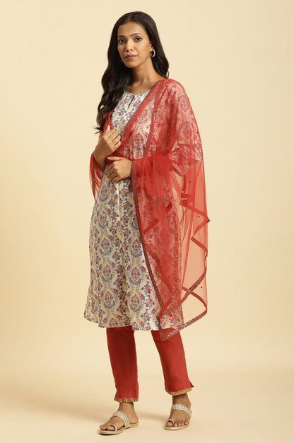 Red Solid Glitter Tape Border Sequined Mesh Dupatta