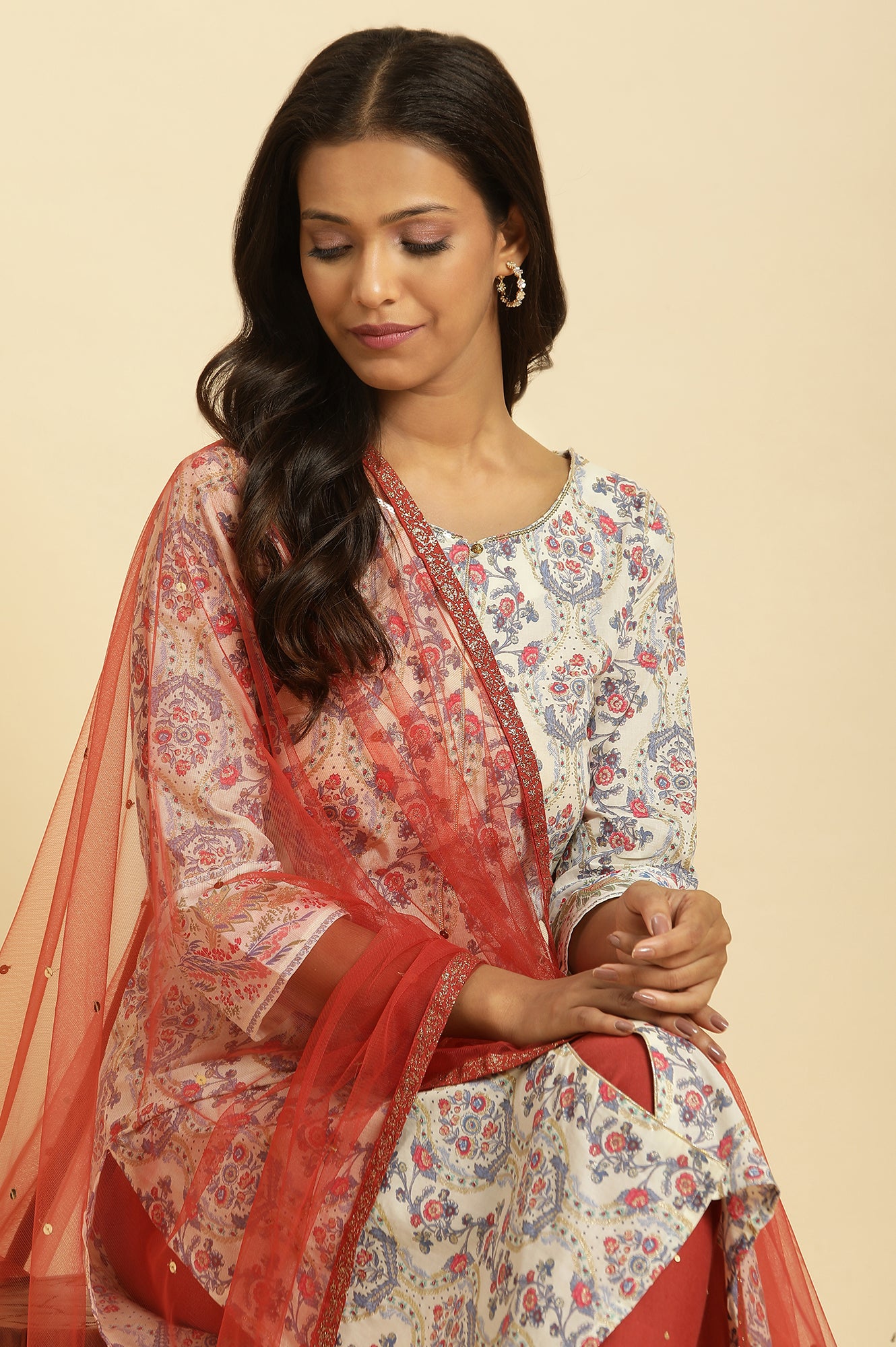Red Solid Glitter Tape Border Sequined Mesh Dupatta