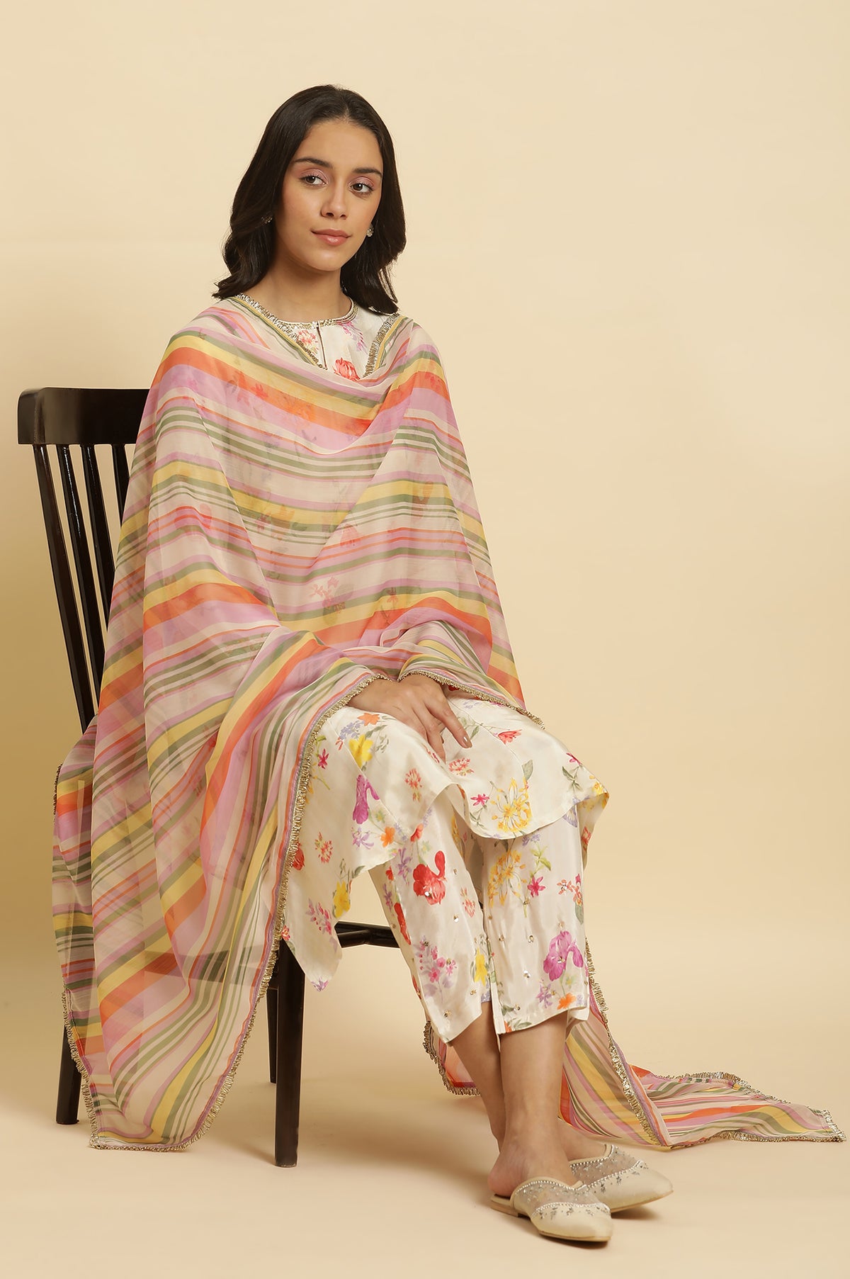 Multi-Coloured Striped Chiffon Dupatta - FS